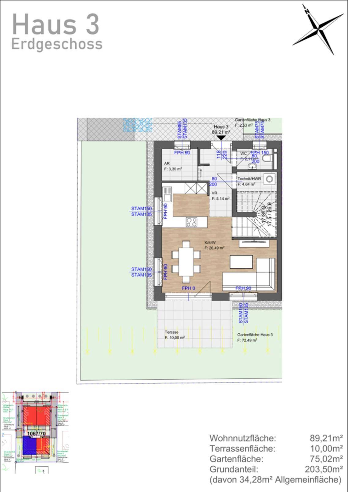 Grundriss des Erdgeschosses von Haus 3 mit offenem Wohnbereich, Terrasse und Garten.