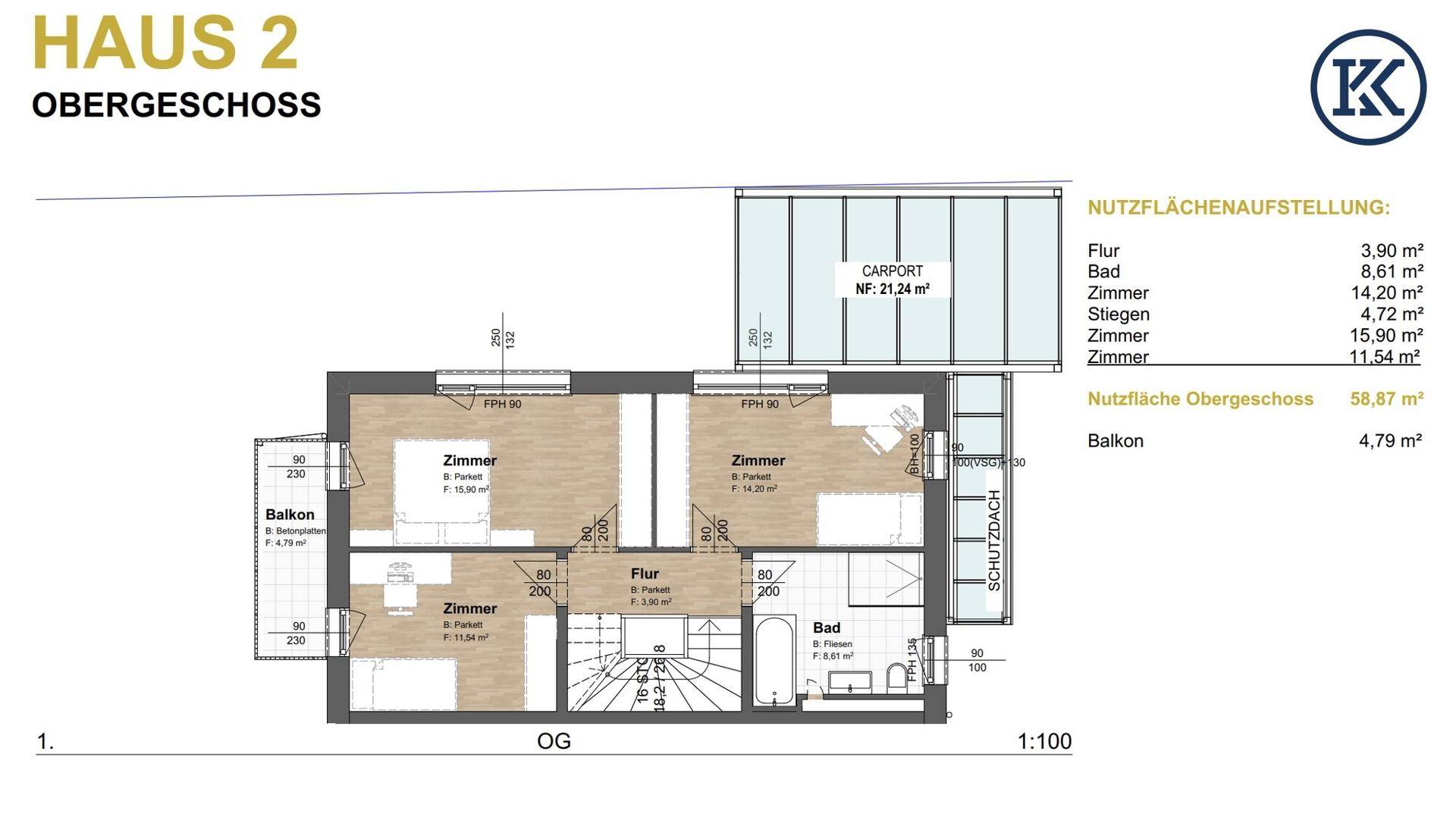 Grundriss des Obergeschosses mit drei Schlafzimmern, zwei Bädern und Zugang zu einem Balkon.