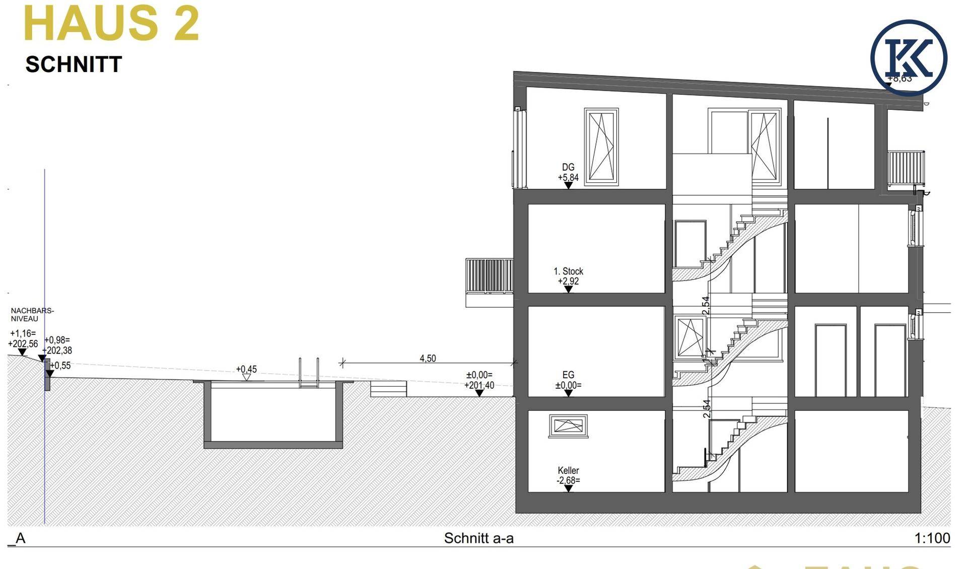 Architektonischer Schnitt des Hauses 2 zeigt die vertikale Struktur und den Außenbereich mit Pool.