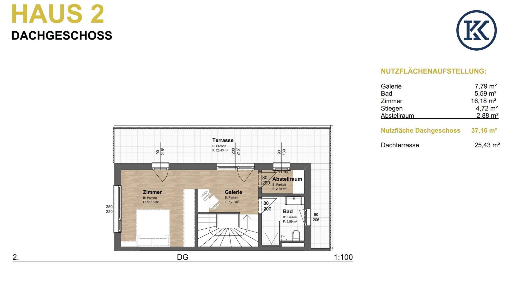 Grundriss des Dachgeschosses mit einem Zimmer, Galerie, Bad und einer großzügigen Dachterrasse.