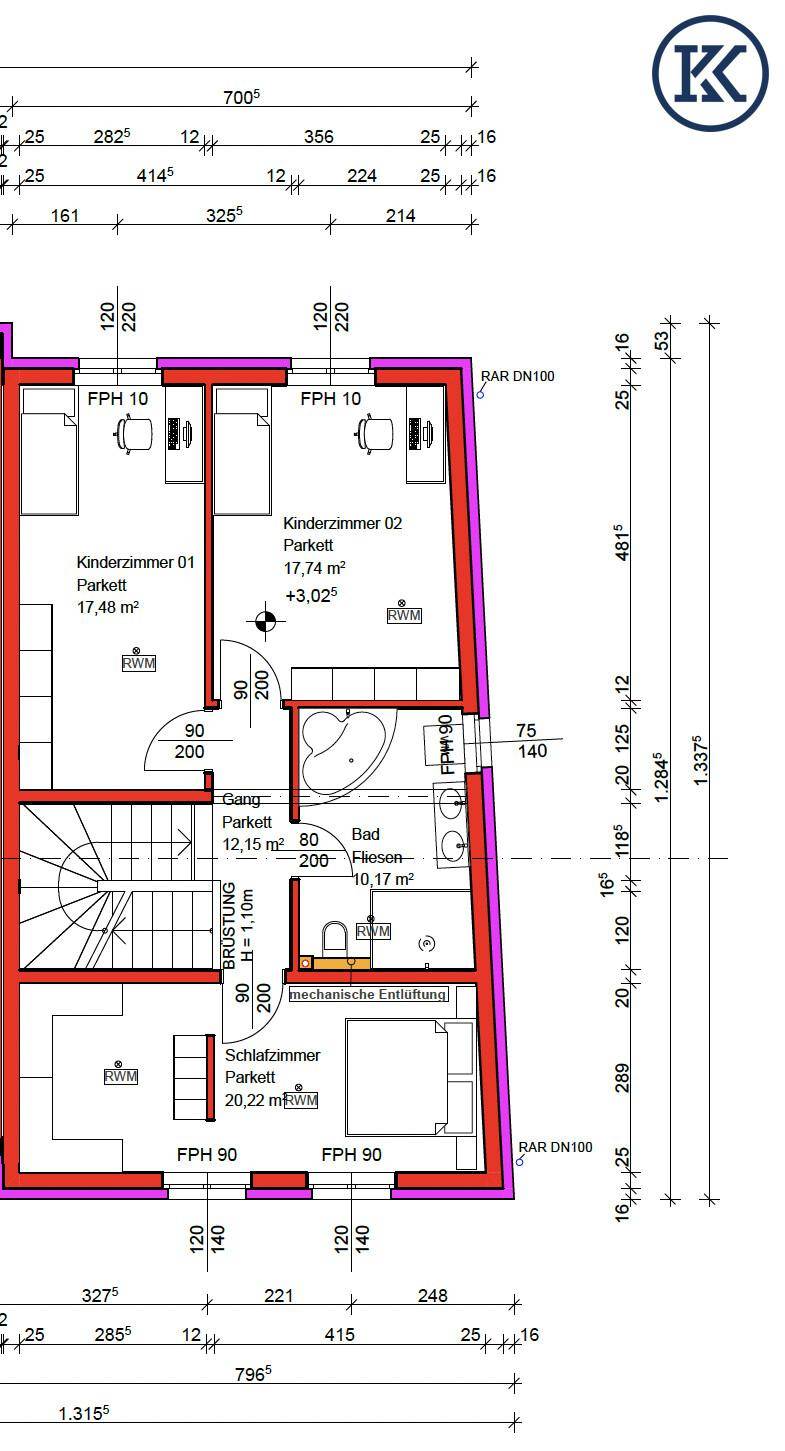 Detaillierter Grundriss des Obergeschosses mit Schlafzimmern und Badezimmer.
