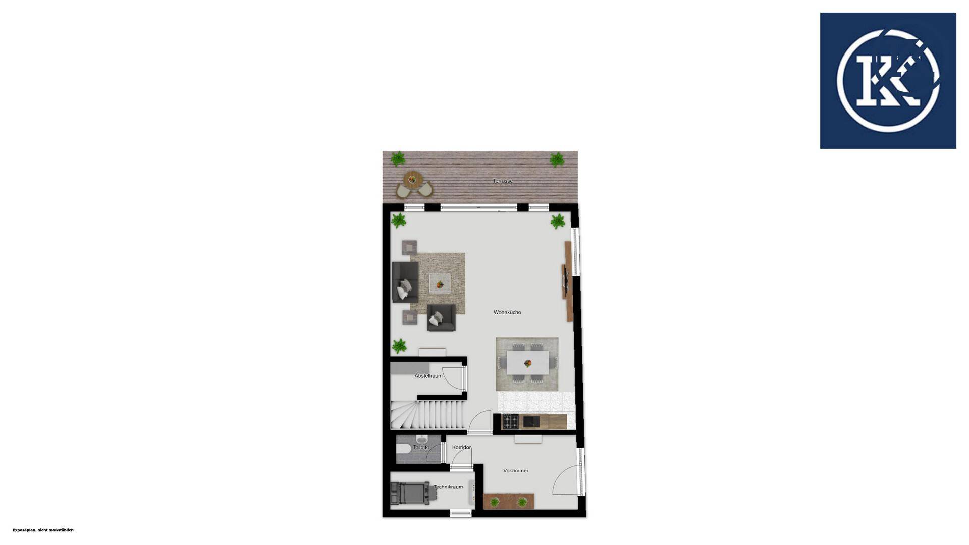 Visualisierter Grundriss des Erdgeschosses mit möbliertem Wohn- und Essbereich.