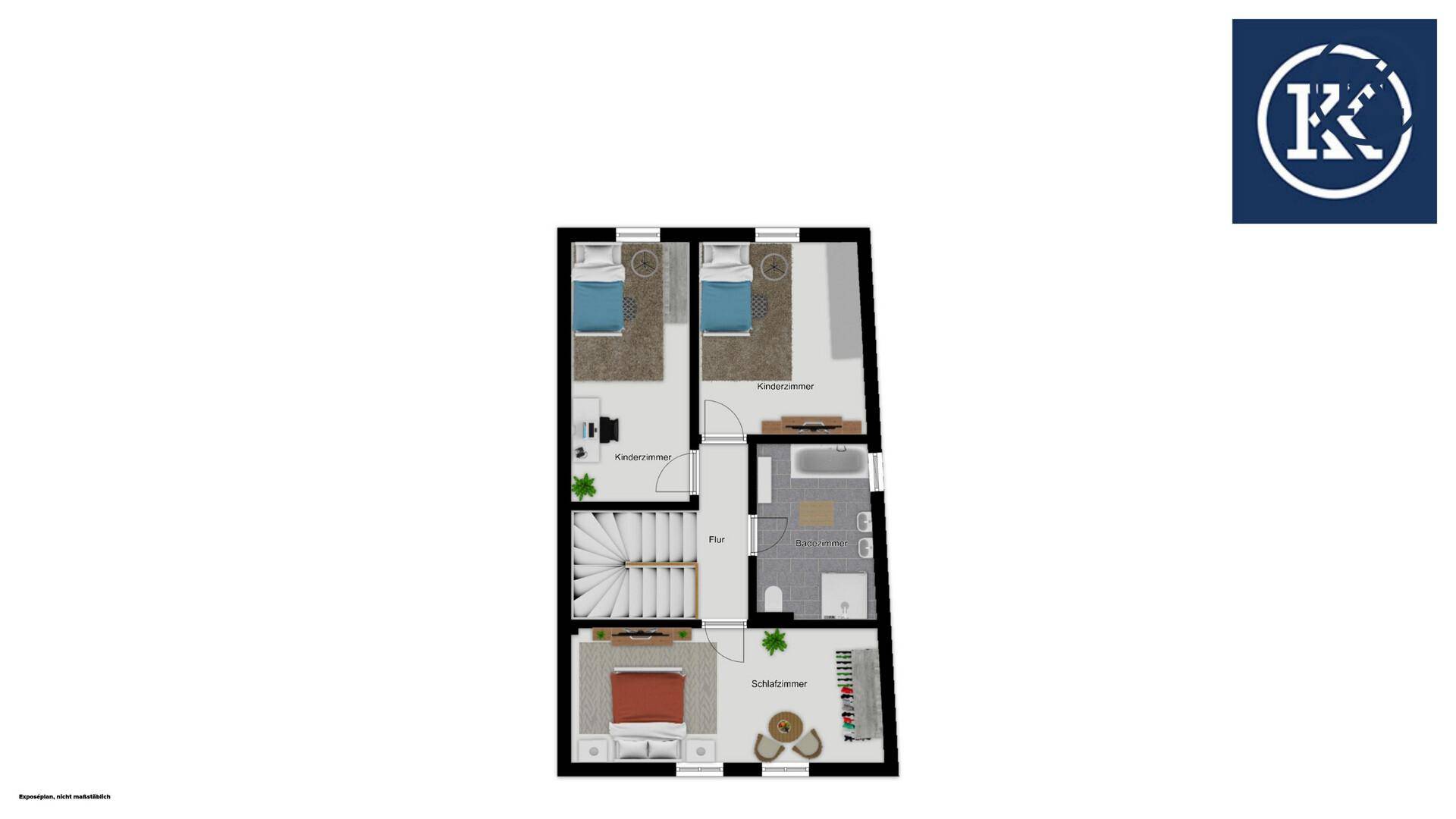 Visualisierter Grundriss des Obergeschosses mit möblierten Schlafzimmern und Bad.