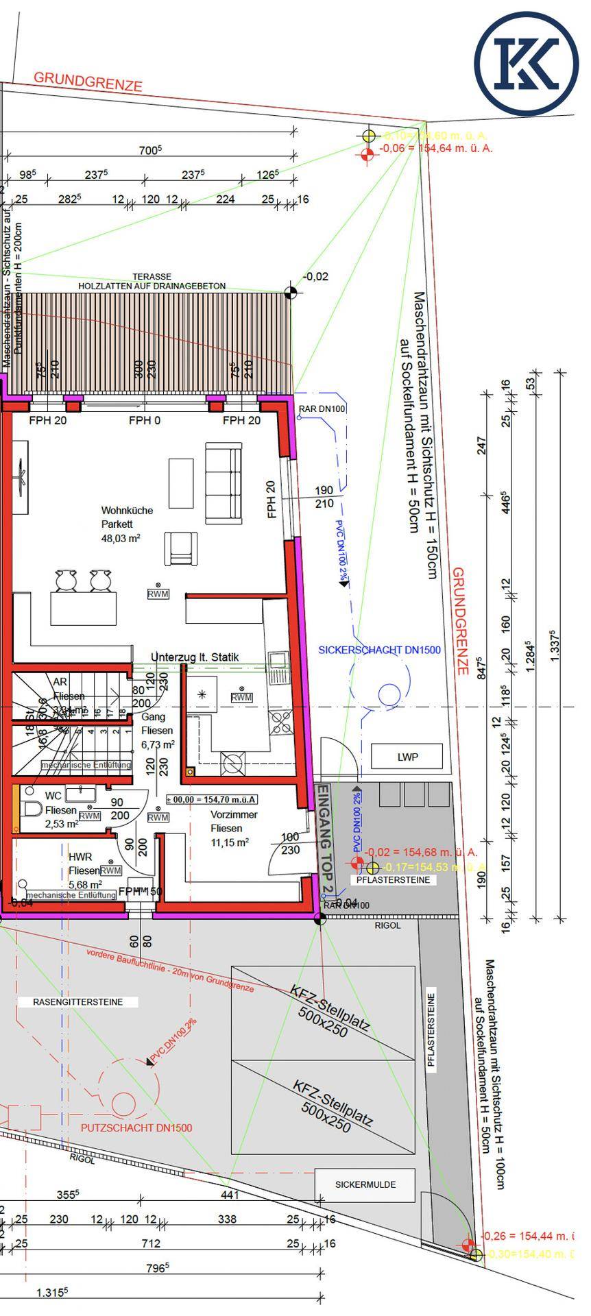 Detaillierter Grundriss des Erdgeschosses mit Wohnbereich, Küche und Terrasse.