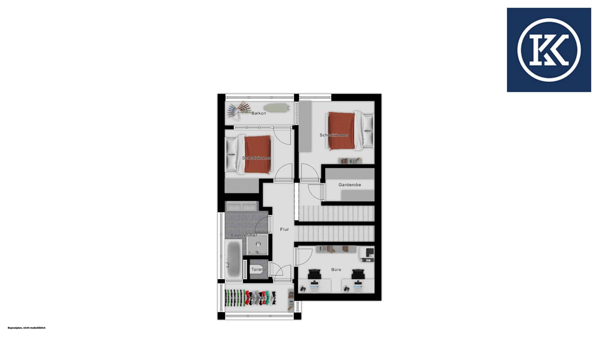 Grundriss des Obergeschosses mit zwei Schlafzimmern, einem Badezimmer und einer Garderobe.