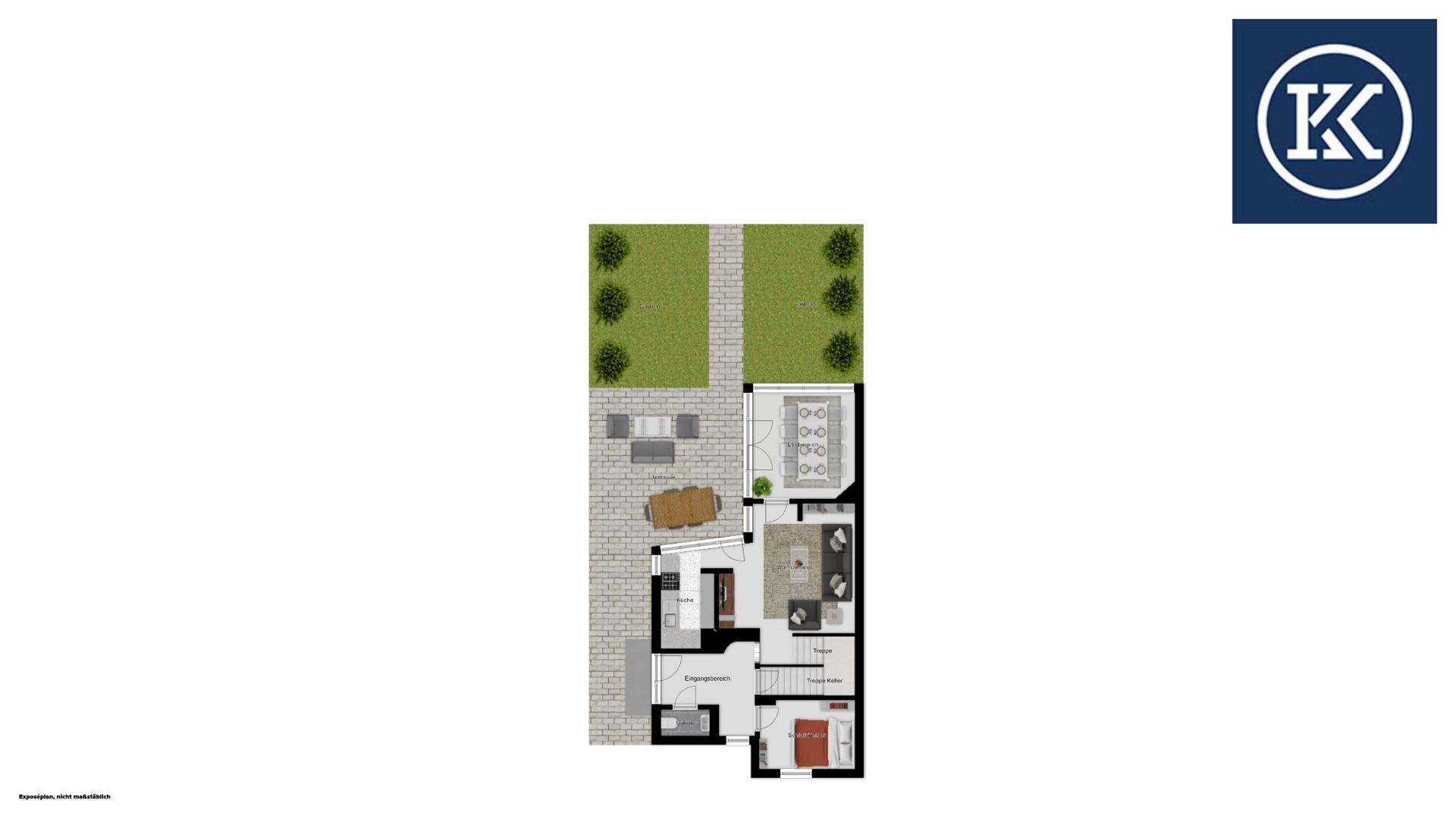 Grundriss des Erdgeschosses mit offenem Wohnbereich, Küche, Terrasse und Garten.