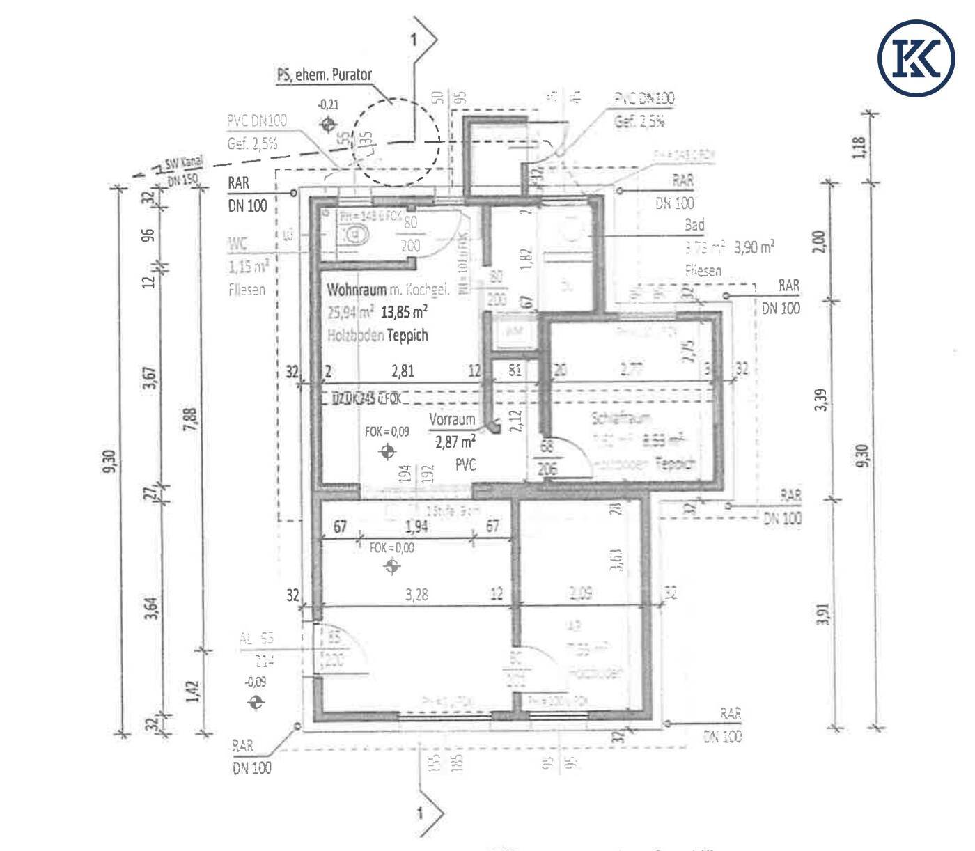 Grundriss einer Wohnung mit Wohnraum, Schlafzimmer, Bad und separatem WC.