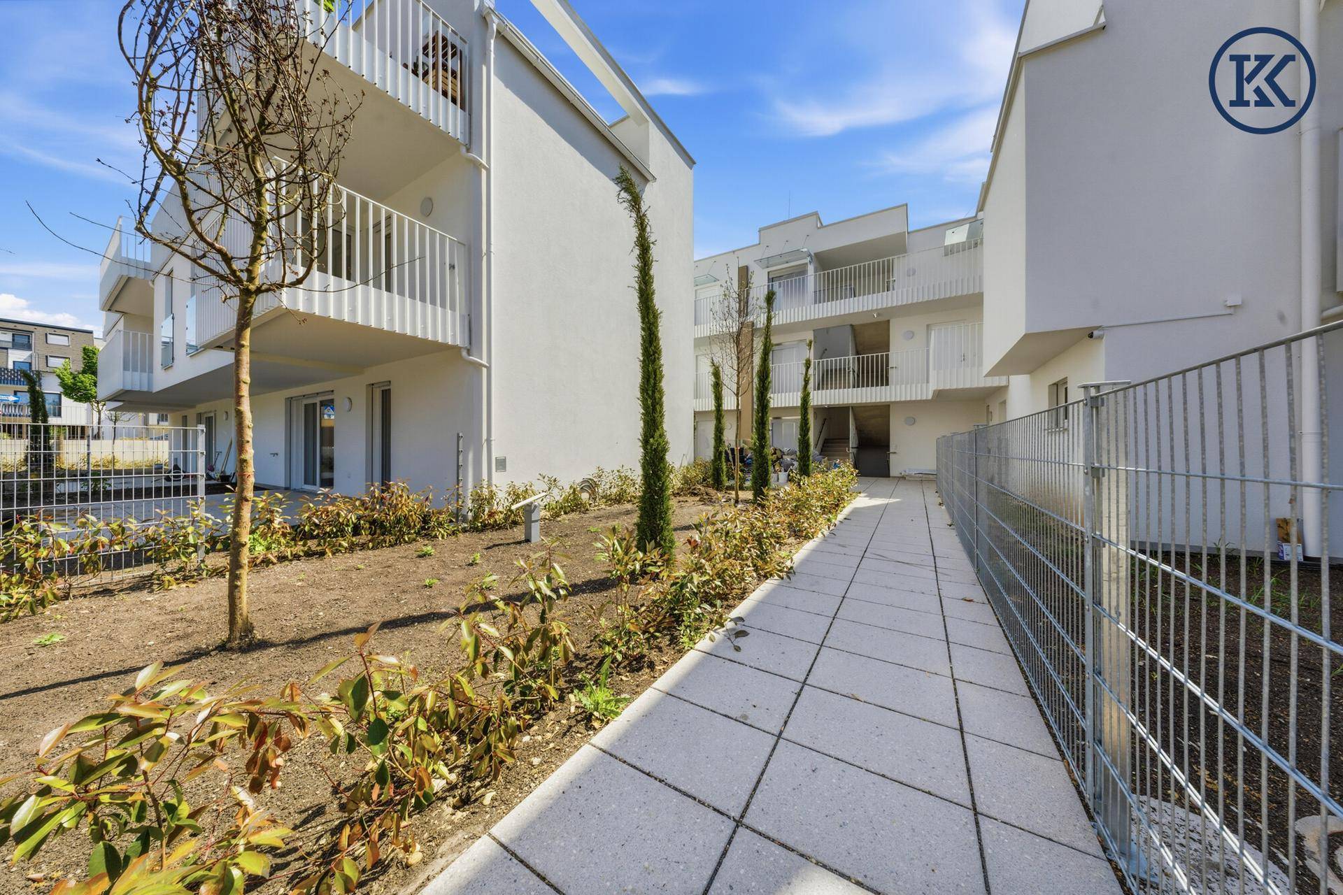 Gepflasterter Weg zwischen modernen Gebäuden mit jungen Bäumen und bepflanzten Gartenbereichen.
