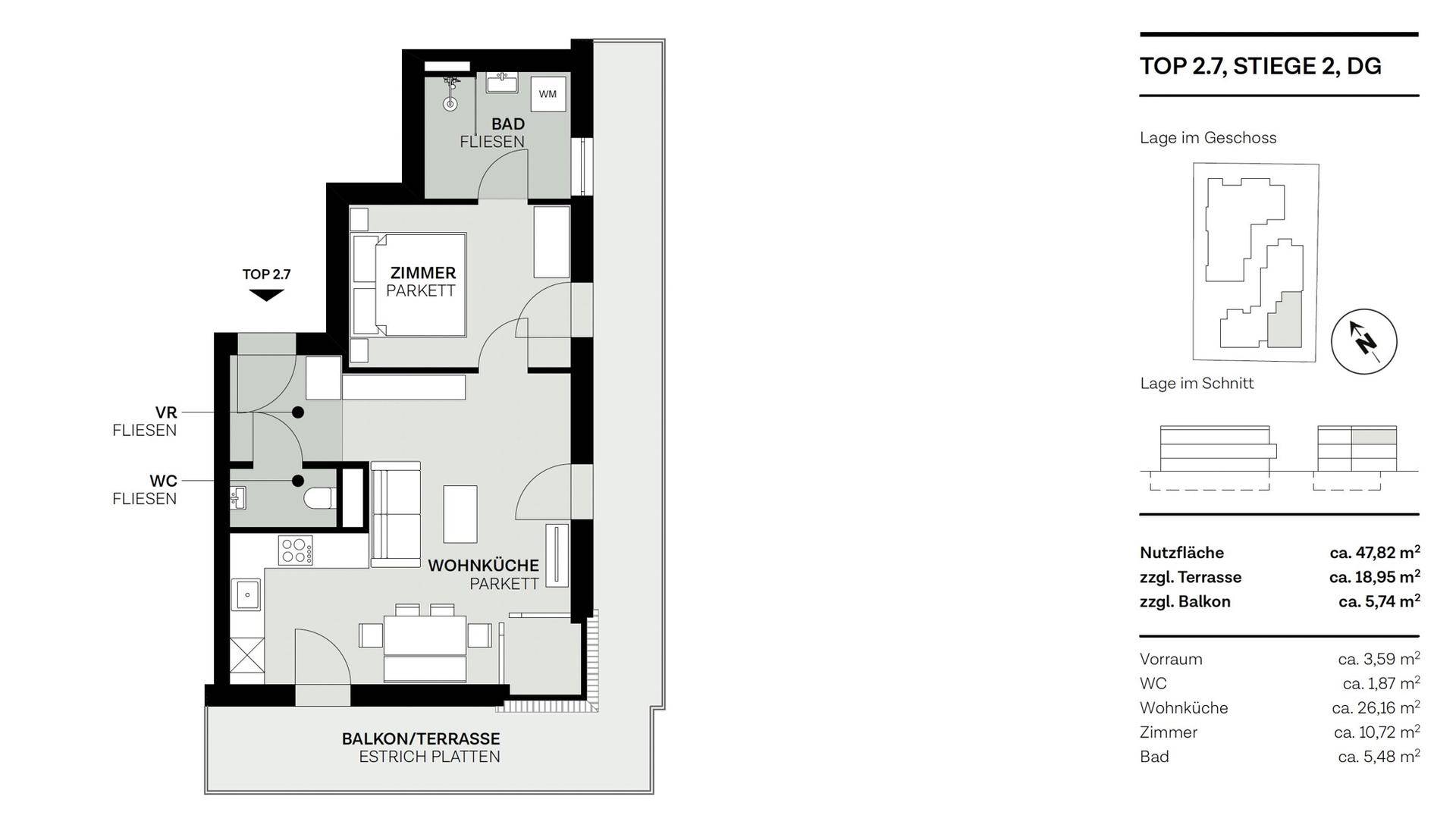 Grundriss der Wohnung Top 2.7 mit Wohnküche, Zimmer, Bad und Balkon/Terrasse.