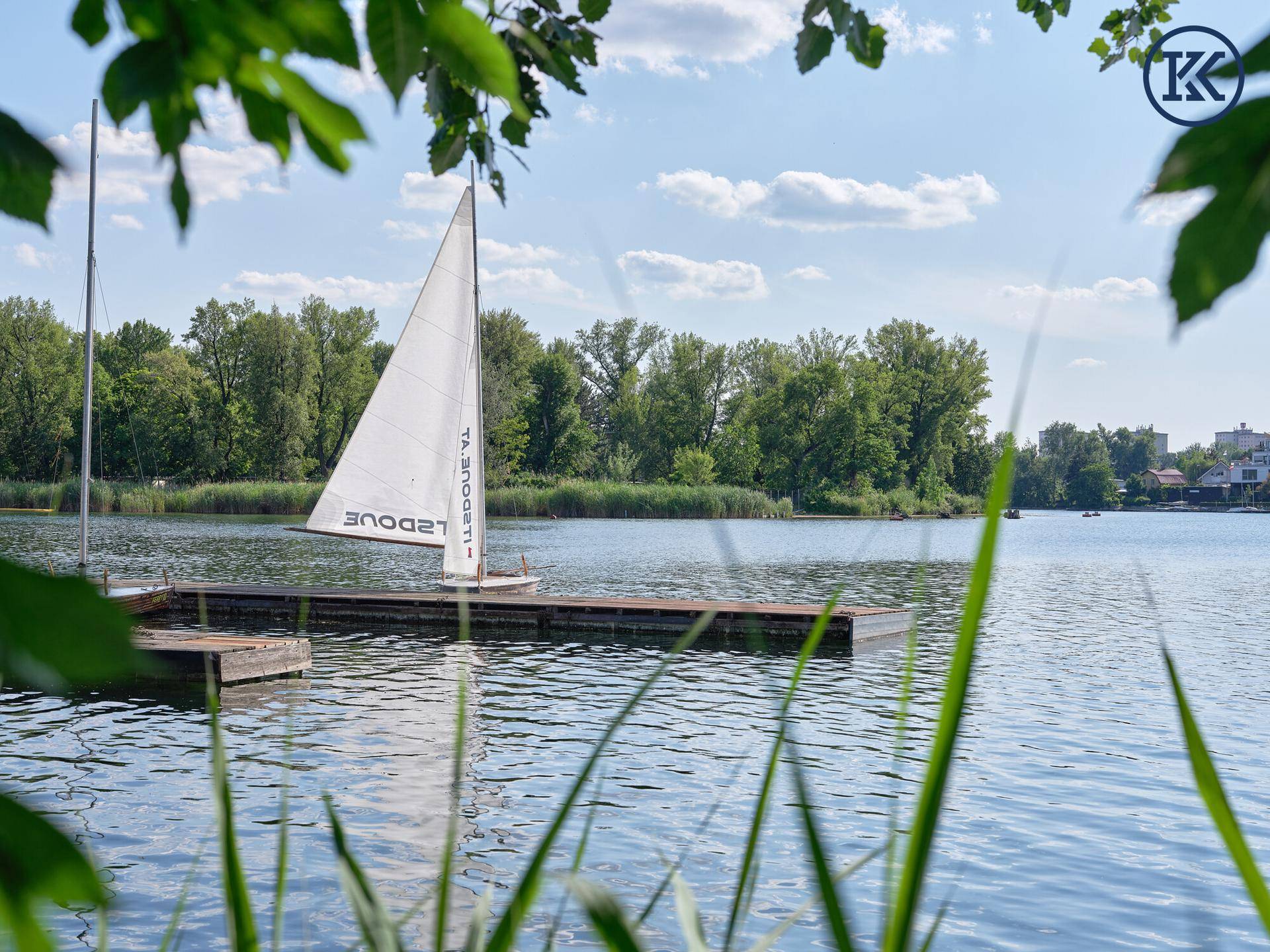 Segelboot auf dem See, umrahmt von grünen Blättern, unter einem leicht bewölkten Himmel.