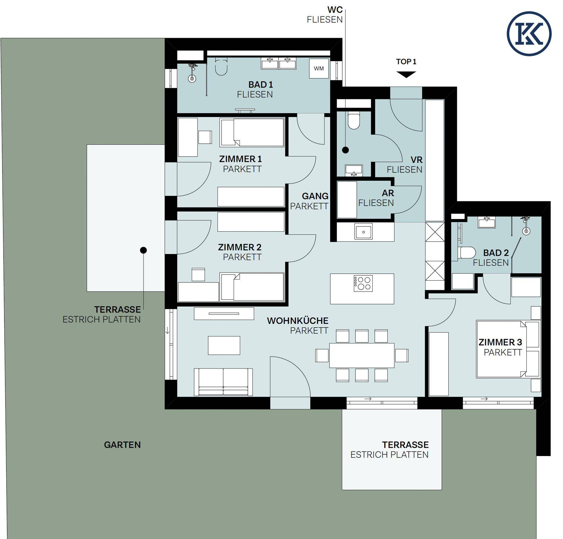 Grundriss einer Wohnung mit drei Zimmern, zwei Bädern, offener Wohnküche, Terrasse und Garten.