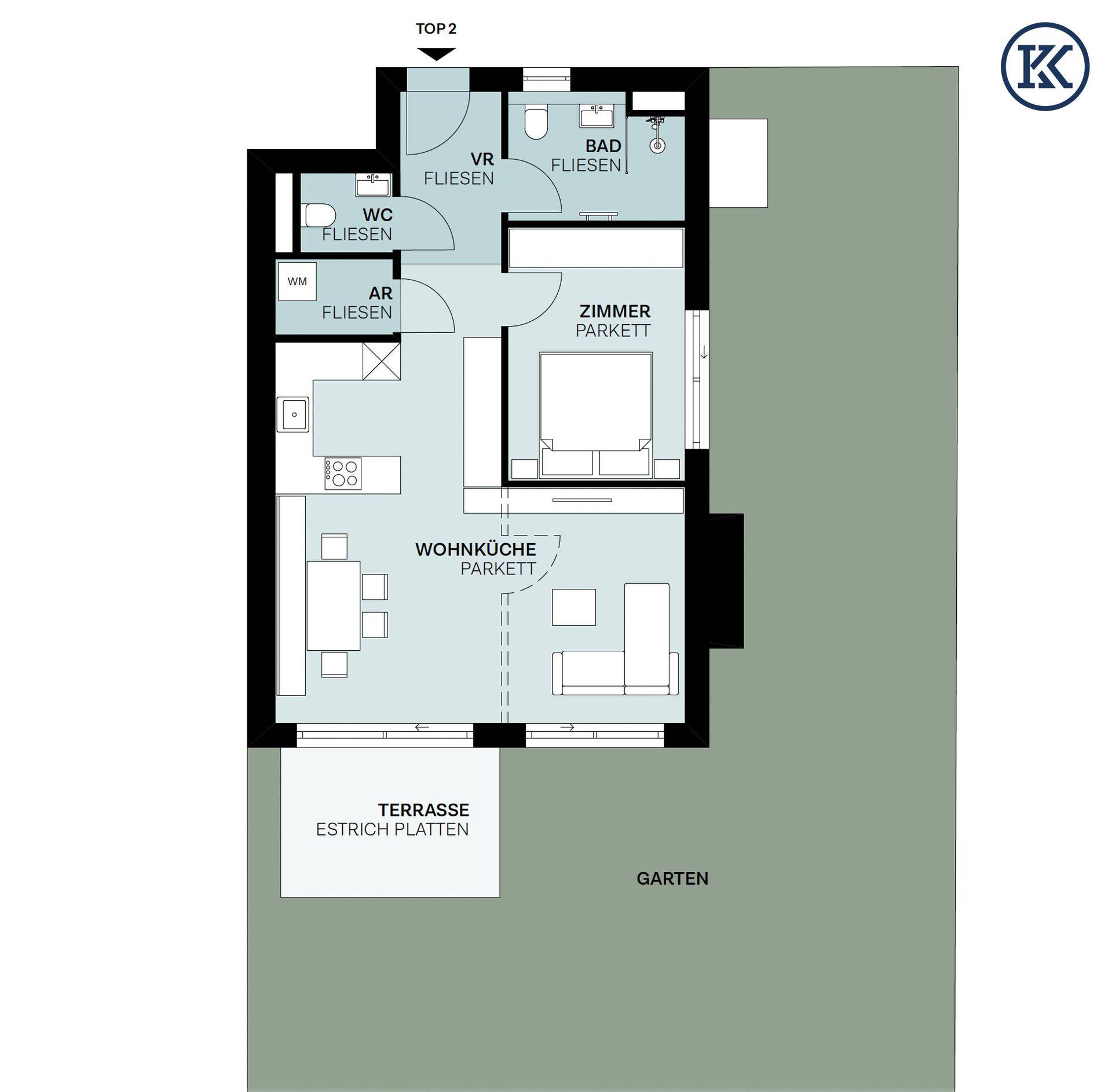 Grundriss einer Wohnung mit offener Wohnküche, Schlafzimmer, Bad, WC und Terrasse mit Garten.