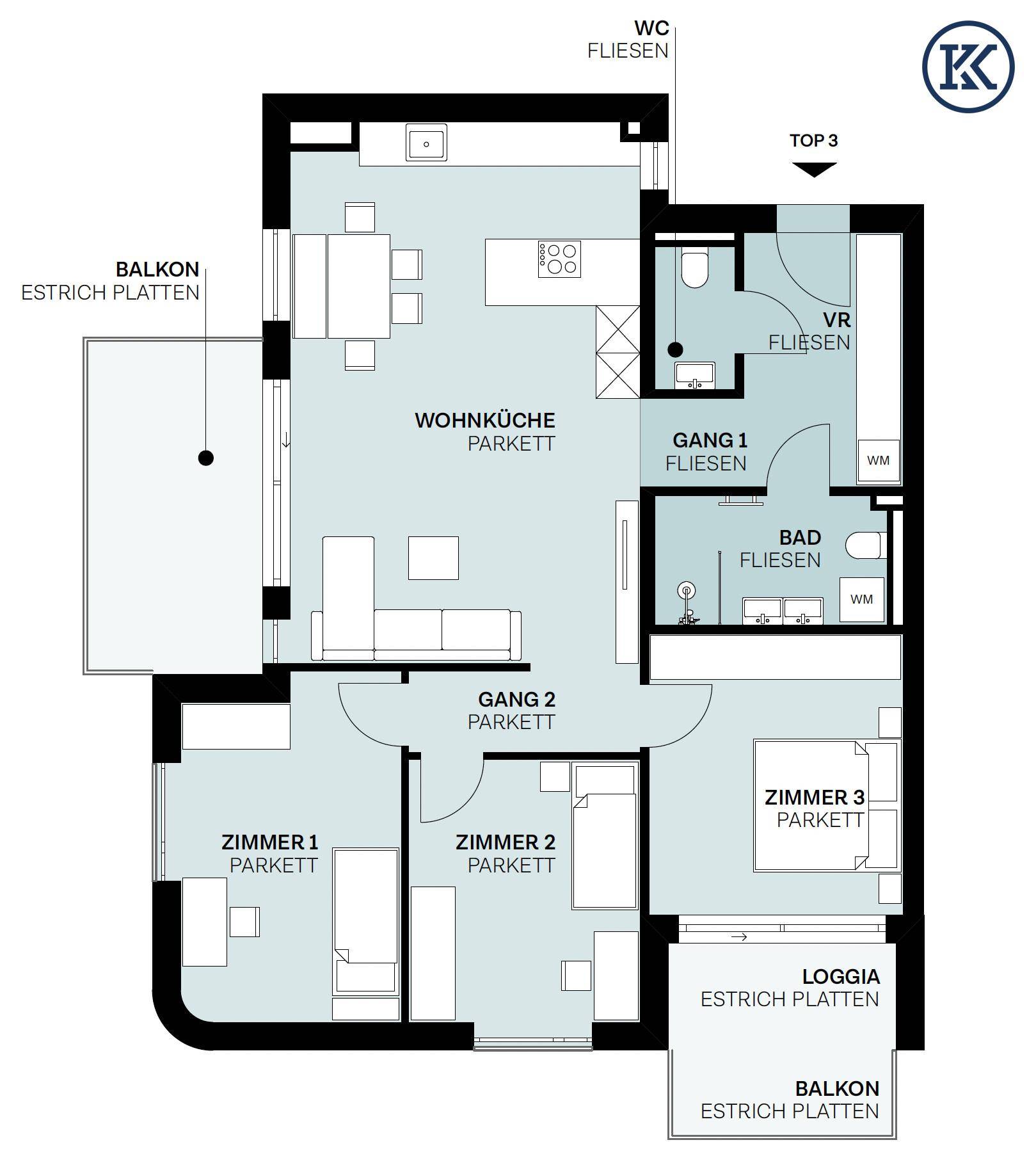 Detaillierter Grundriss einer Wohnung mit drei Zimmern, offener Wohnküche und Balkon.