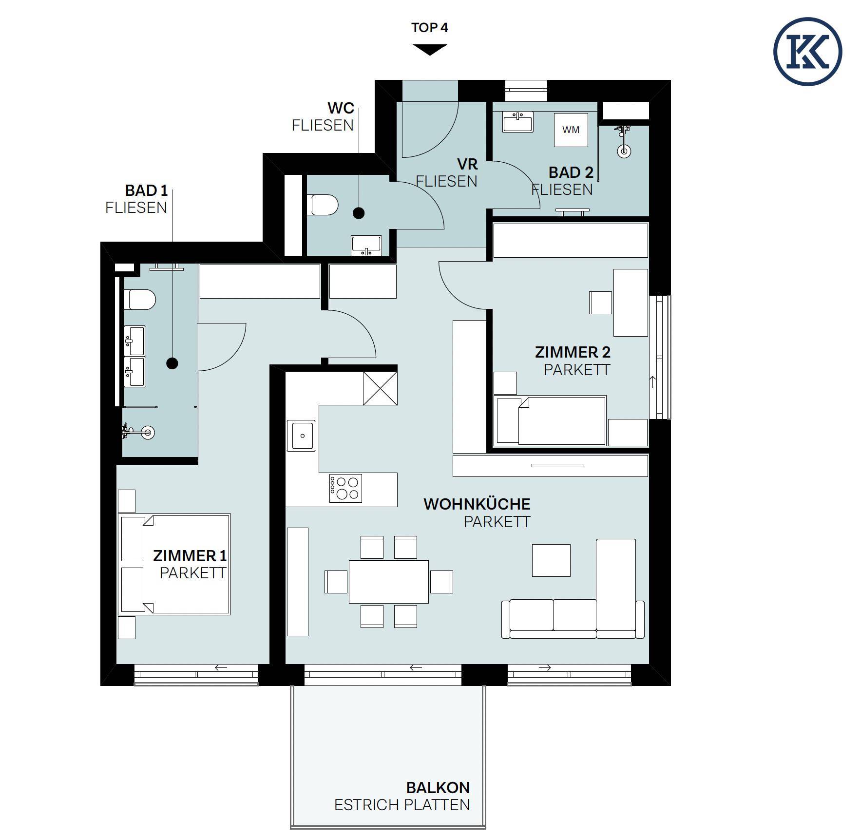 Grundriss einer Wohnung mit zwei Bädern, Wohnküche, zwei Zimmern und Balkon.