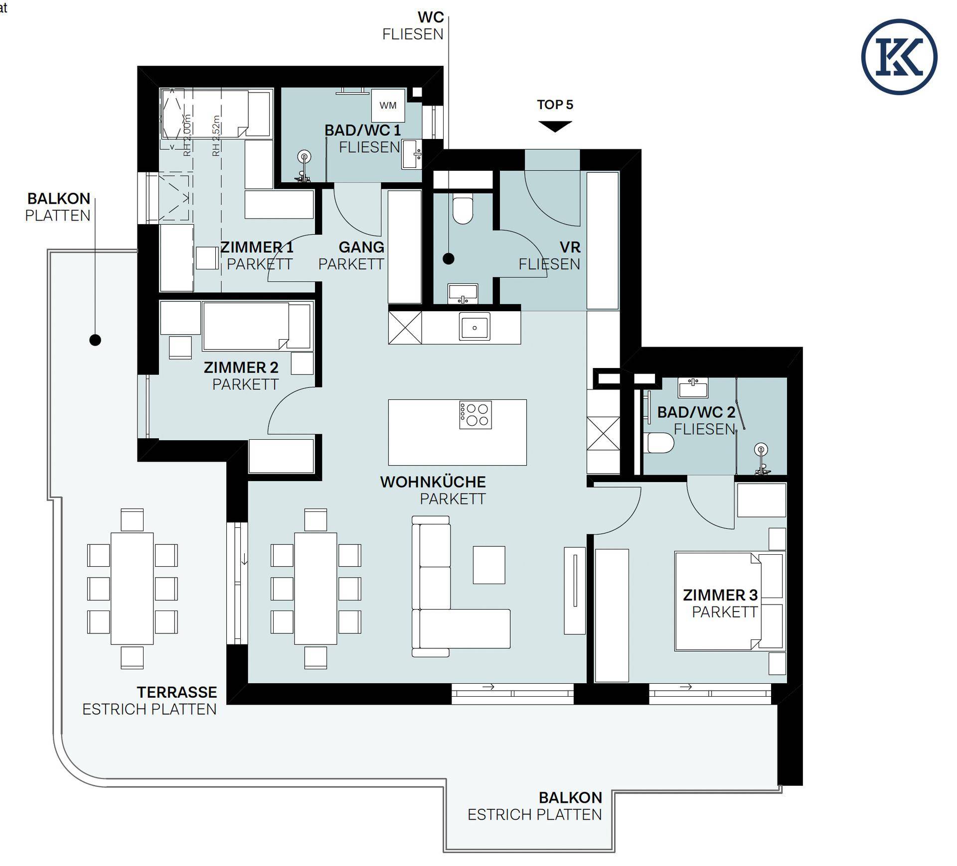 Grundriss einer Wohnung mit drei Zimmern, zwei Bädern, offener Wohnküche, Terrasse und Balkon.