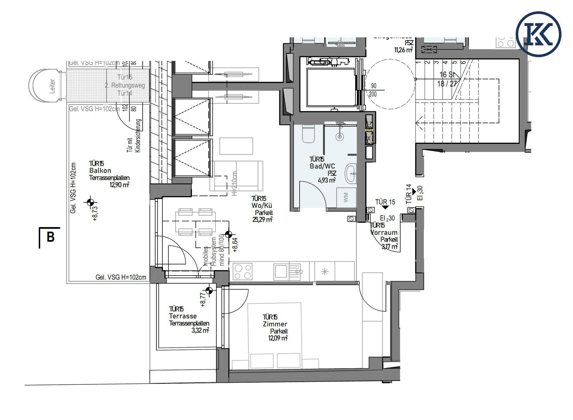 Grundriss einer Wohnung mit Wohnküche, Bad, Schlafzimmer, Balkon und Terrasse.