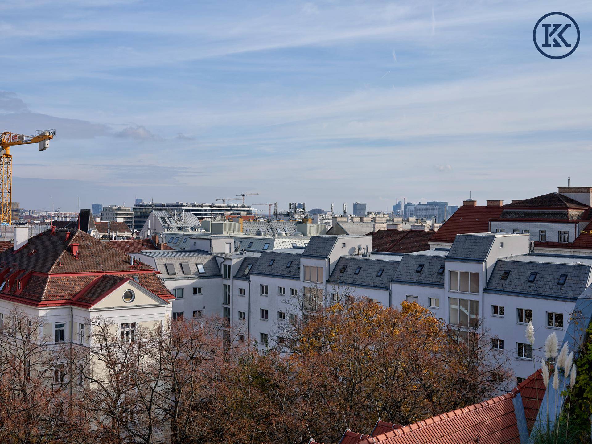Stadtansicht mit einer Mischung aus traditionellen und modernen Gebäuden unter bewölktem Himmel.