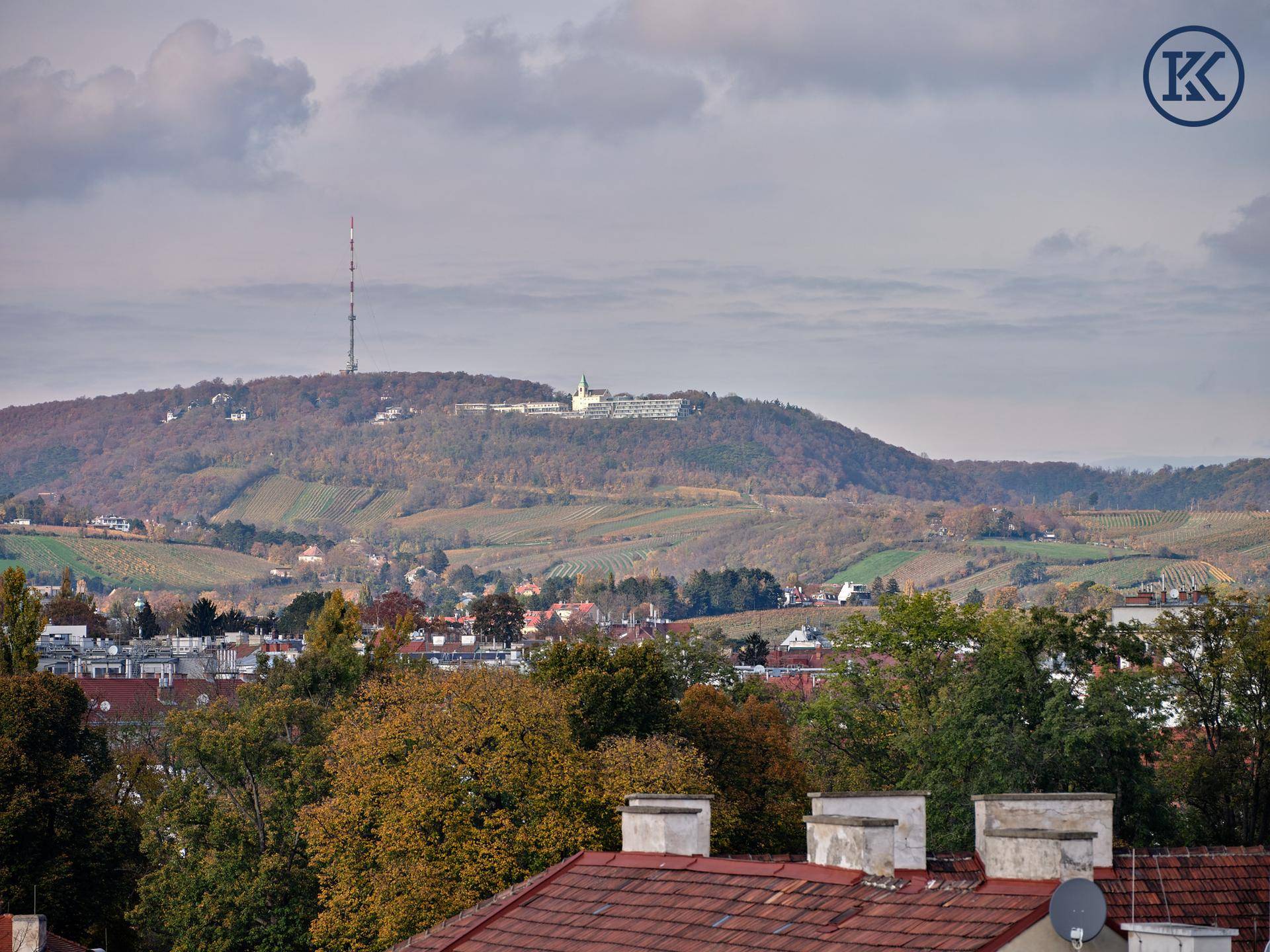 Malerischer Blick auf eine bewaldete Hügellandschaft mit Weinbergen und vereinzelten Gebäuden.