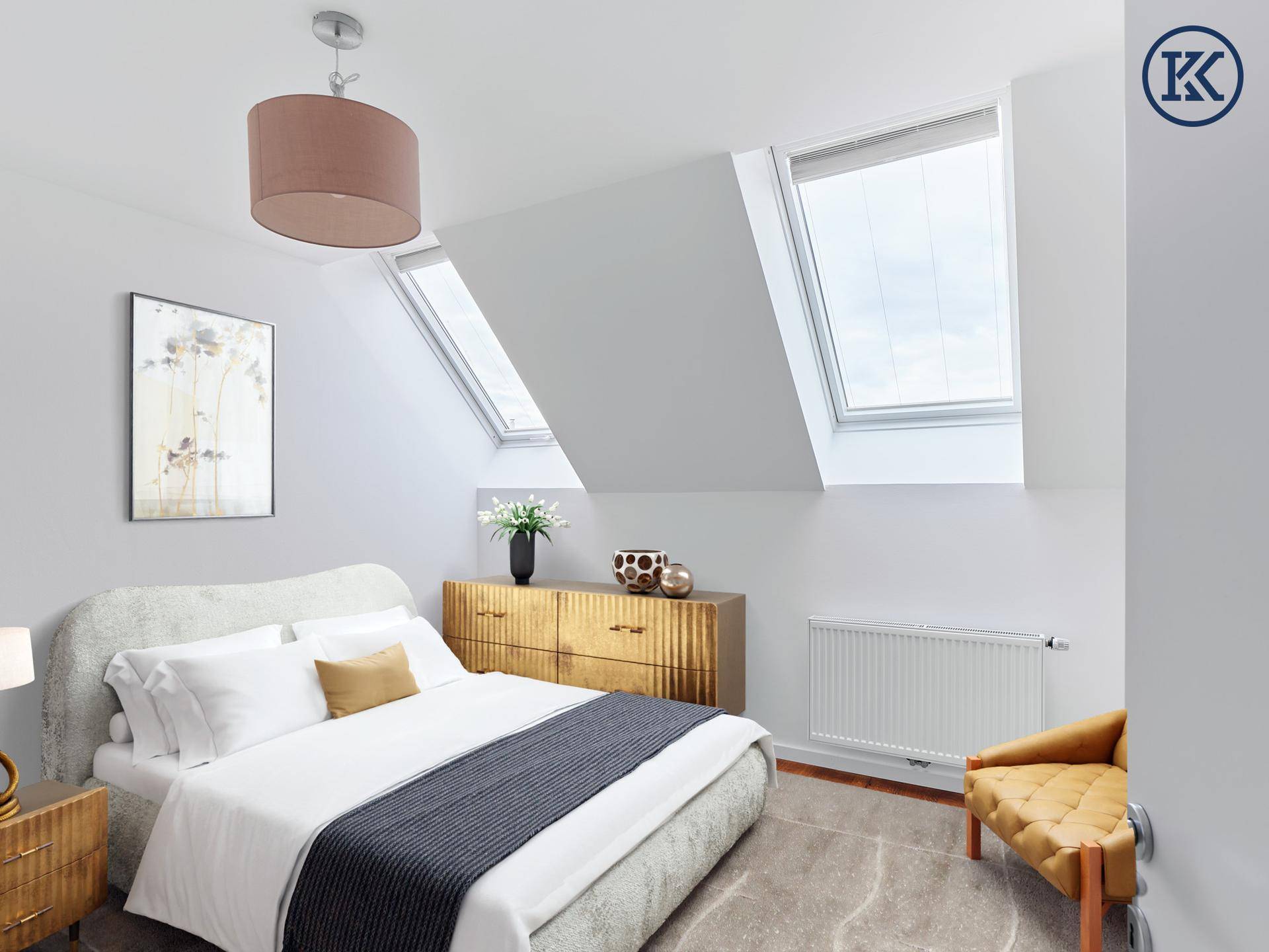 Virtuell möbliertes Schlafzimmer mit Dachfenstern und Heizkörper.