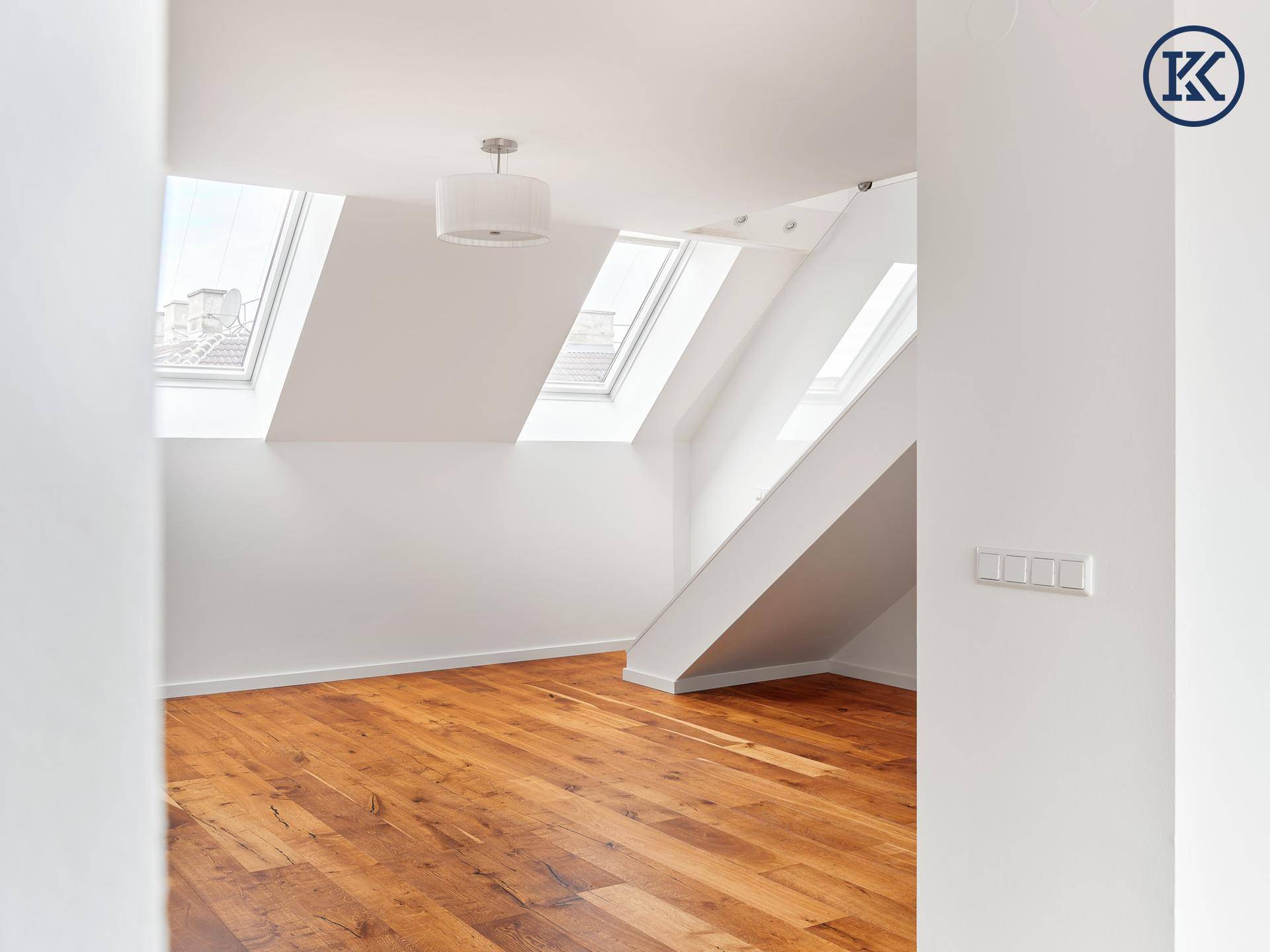 Geräumiger, heller Raum mit Holzboden und mehreren Dachfenstern.