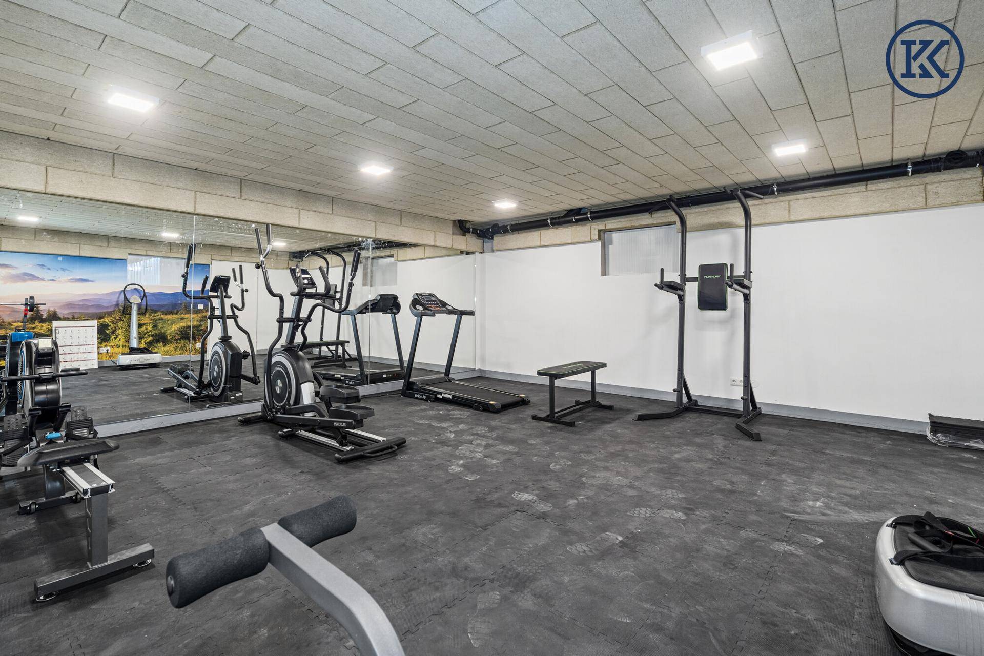 Gut ausgestatteter Fitnessraum mit verschiedenen Trainingsgeräten und Spiegelflächen für Sportbegeisterte.