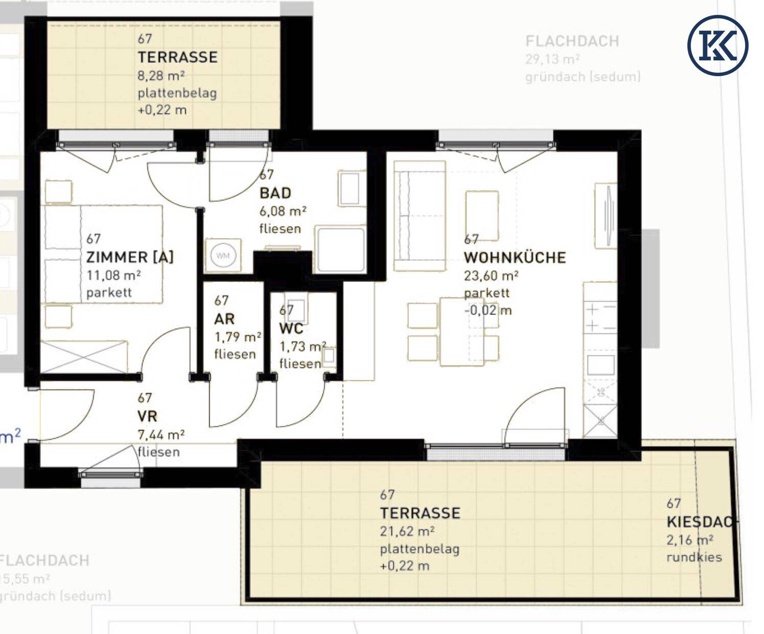 Detaillierter Grundriss einer Wohnung mit Wohnküche, Bad, Zimmer und zwei Terrassen.