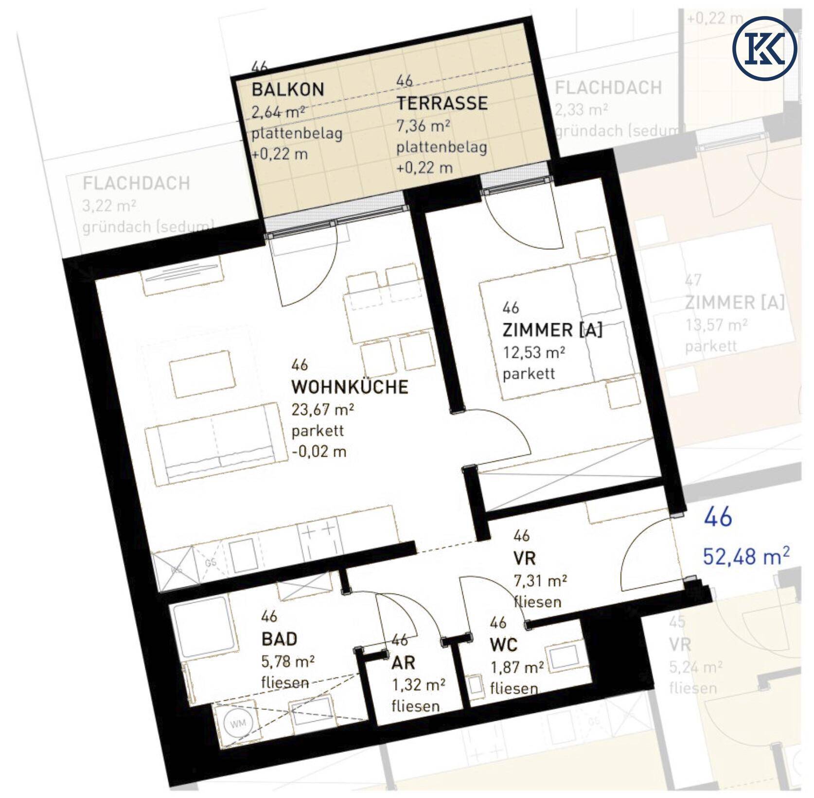 Grundriss einer Wohnung mit Wohnküche, Schlafzimmer, Bad, WC, Balkon und Terrasse.