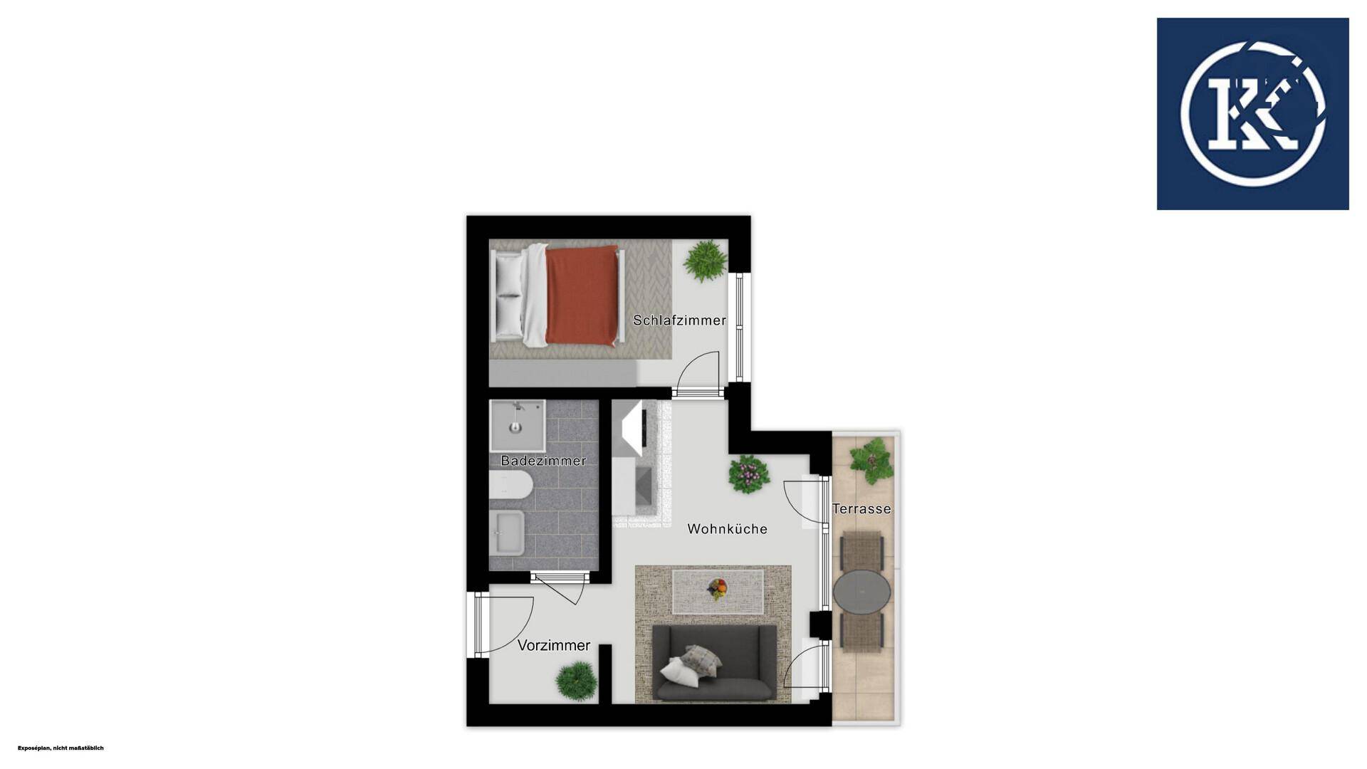 Möblierter Grundriss einer kompakten Wohnung mit Schlafzimmer, Wohnküche und Terrasse.