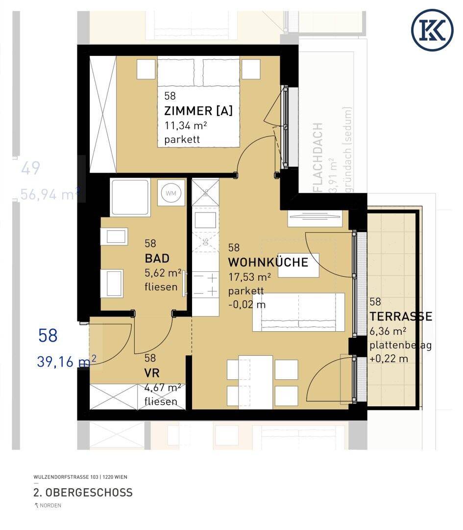 Detaillierter Grundriss einer Wohnung mit Wohnküche, Schlafzimmer und Terrasse.