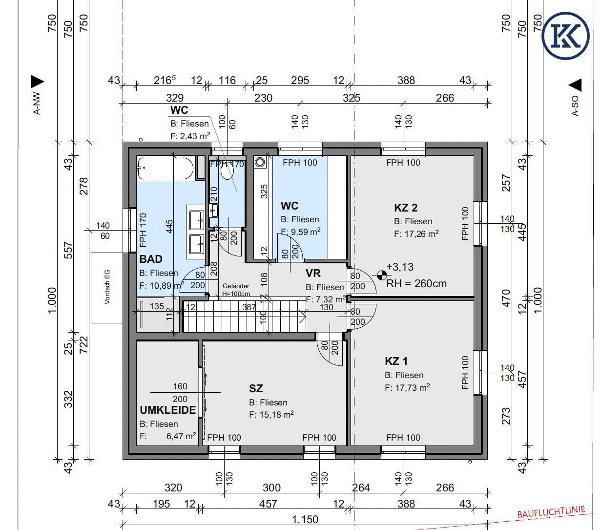 Grundriss des Obergeschosses mit Schlafzimmern, Bad und WC, Gesamtfläche 86,87 m².