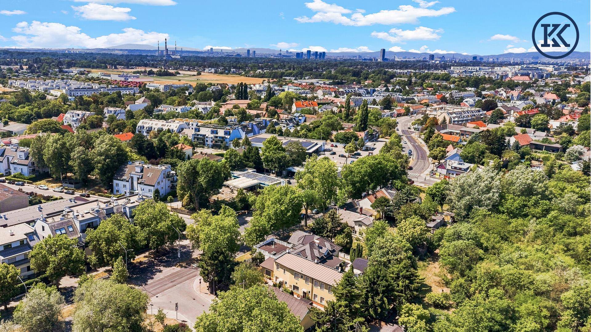 Weitwinkel-Luftaufnahme der grünen Wohngegend mit Blick auf die Stadt in der Ferne und die Umgebung.
