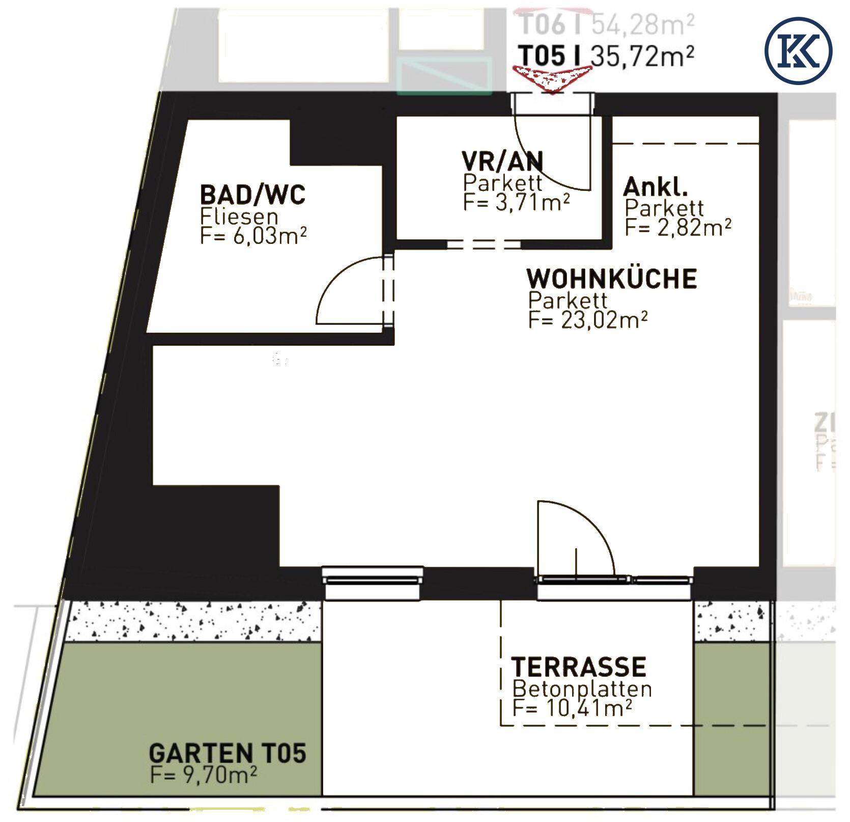 Detaillierter Grundriss einer Wohnung mit Wohnküche, Bad, Terrasse und eigenem Gartenbereich.