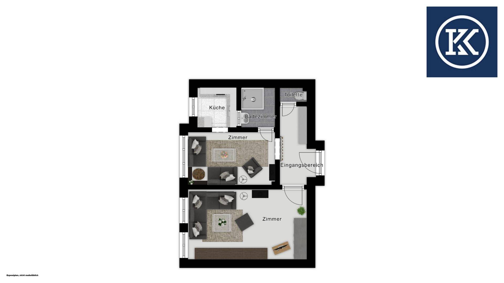 Grundriss einer Wohnung mit Küche, Bad, separater Toilette und zwei Wohnräumen.