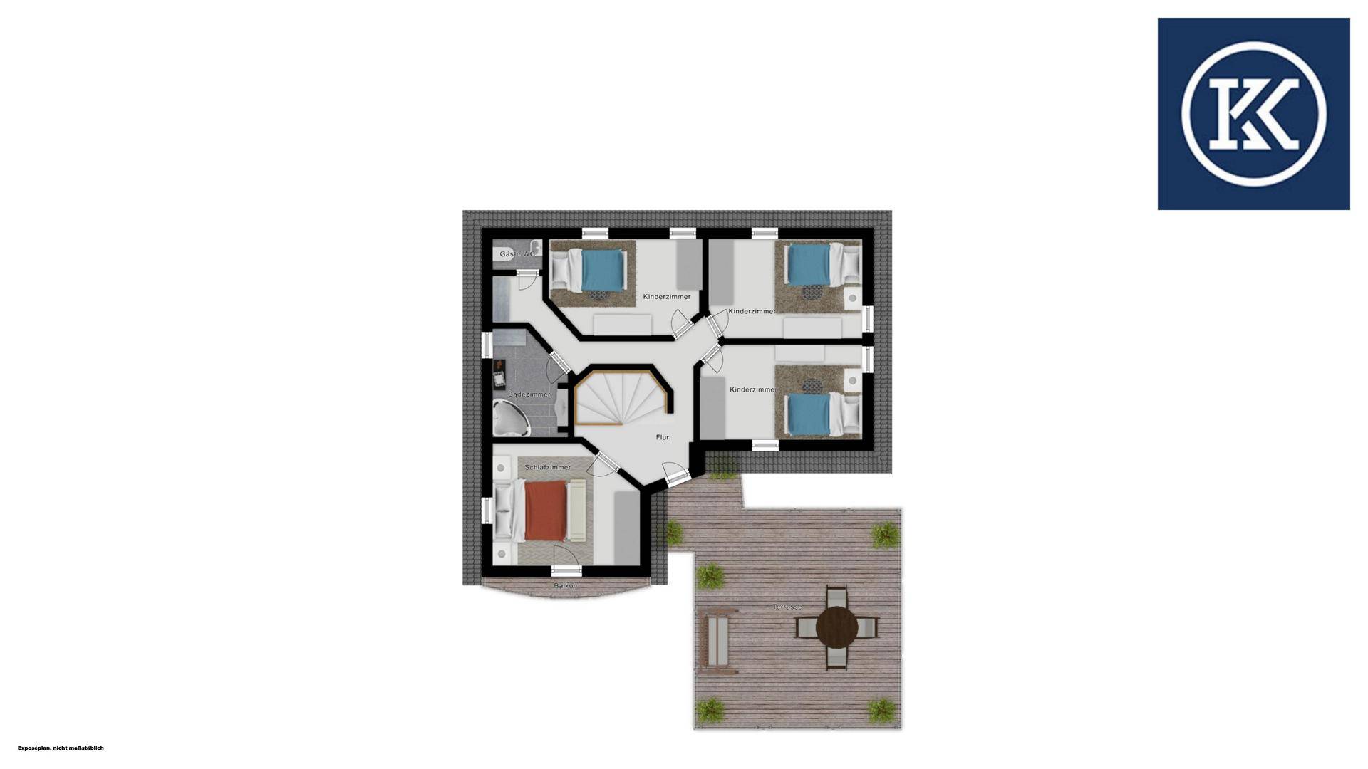 Grundriss des Obergeschosses mit Schlafzimmern, Bädern und einer großen Dachterrasse.