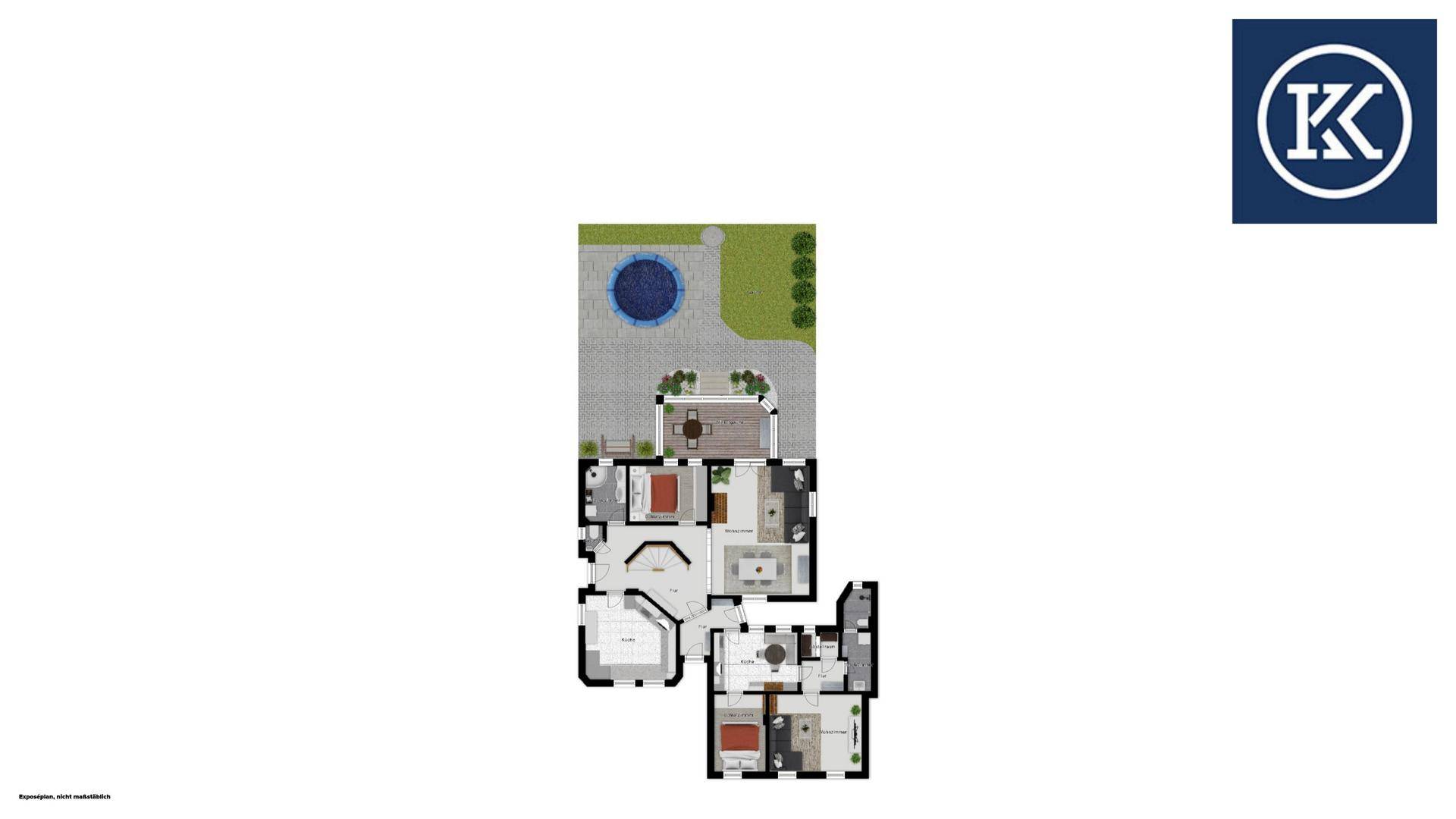 Grundriss des Erdgeschosses mit Wohnbereichen, Schlafzimmern und Zugang zum Garten mit Pool.