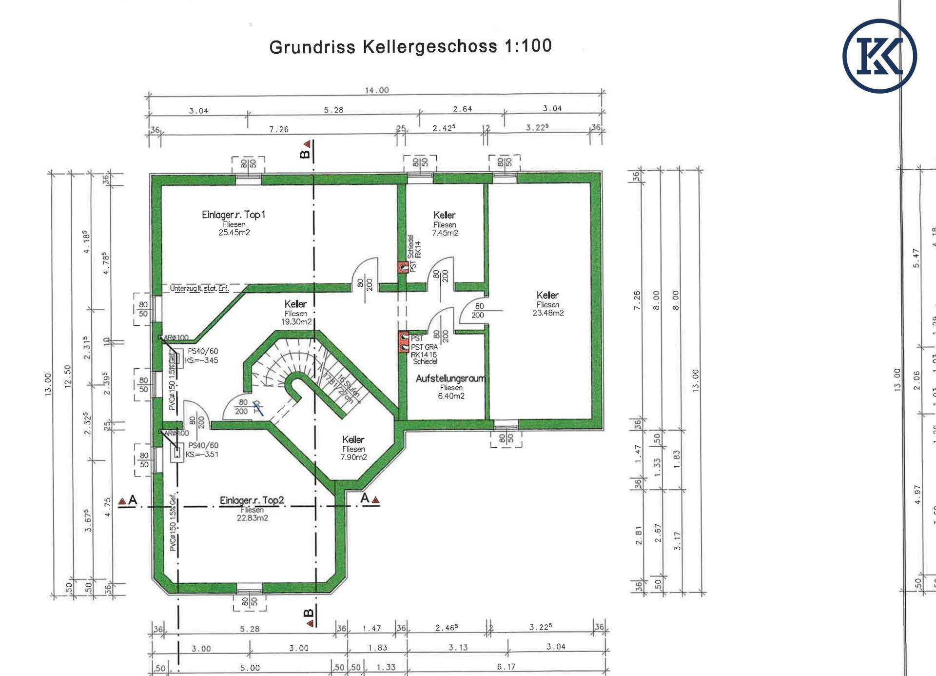 Detaillierter Grundriss des Kellergeschosses mit mehreren Kellerräumen und Technikraum.