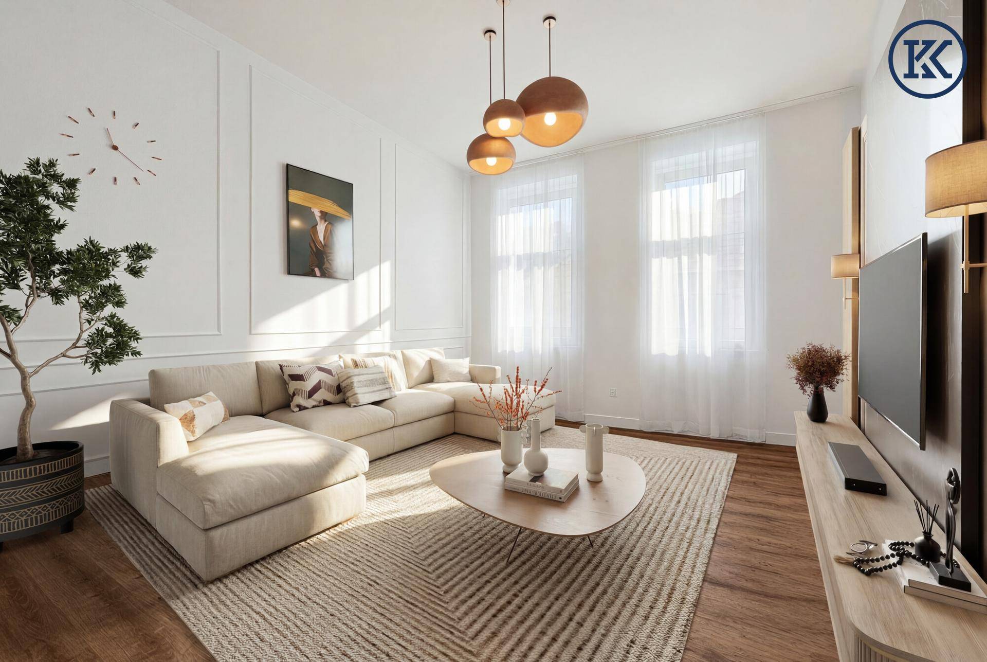 Geräumiges Wohnzimmer mit beigem Ecksofa, stilvollen Pendelleuchten und viel natürlichem Lichteinfall.