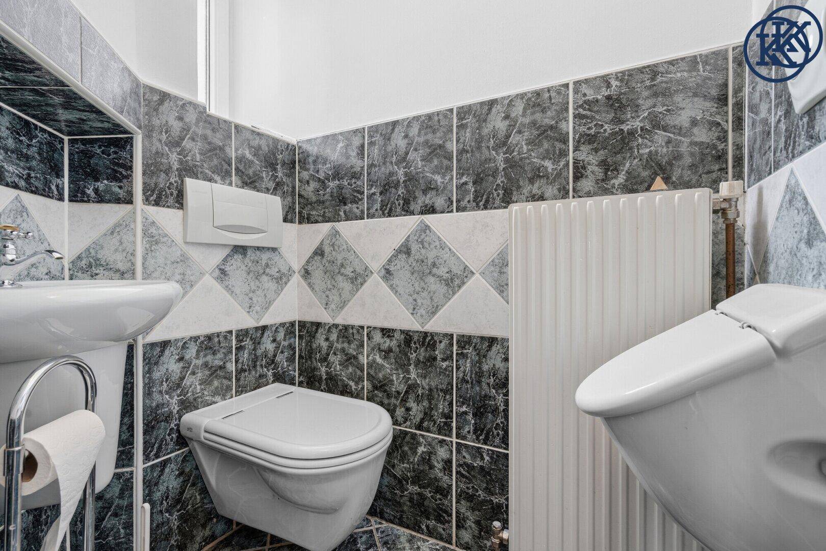 Kleines Badezimmer mit gemusterten Fliesen, wandhängendem WC und Heizkörper.