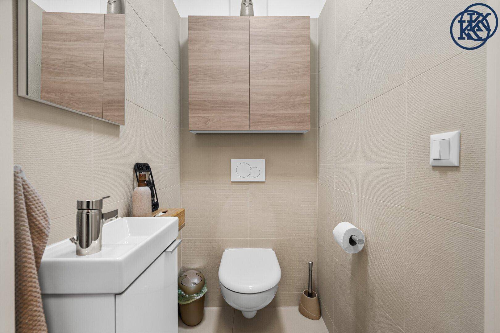 Modernes Gäste-WC mit wandhängender Toilette, kleinem Waschbecken und Holzschrank.