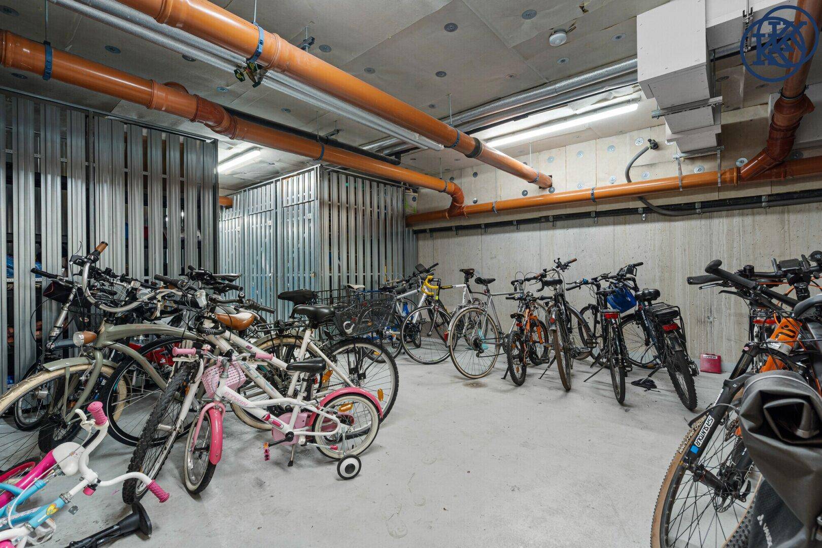 Geräumiger Fahrradraum im Untergeschoss mit vielen Abstellmöglichkeiten für Fahrräder.