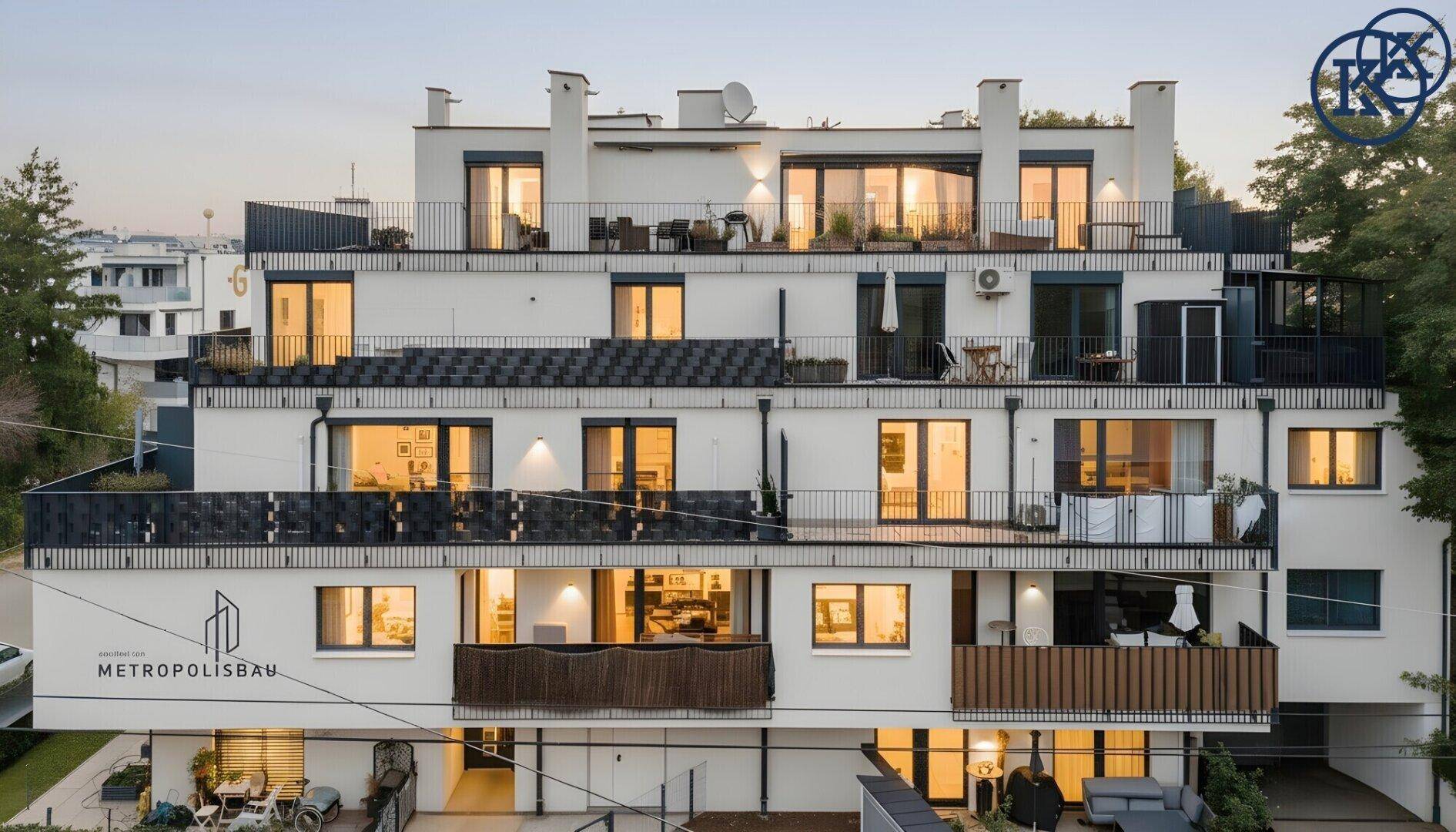 Ansicht des modernen Apartmentgebäudes bei Dämmerung mit beleuchteten Balkonen und Terrassen.