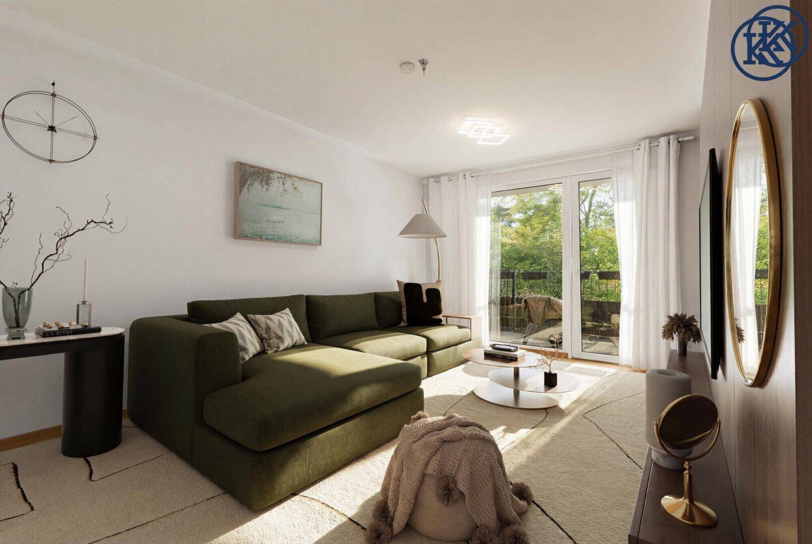 Modern eingerichtetes Wohnzimmer mit großem Ecksofa, Teppich und Zugang zum Balkon.