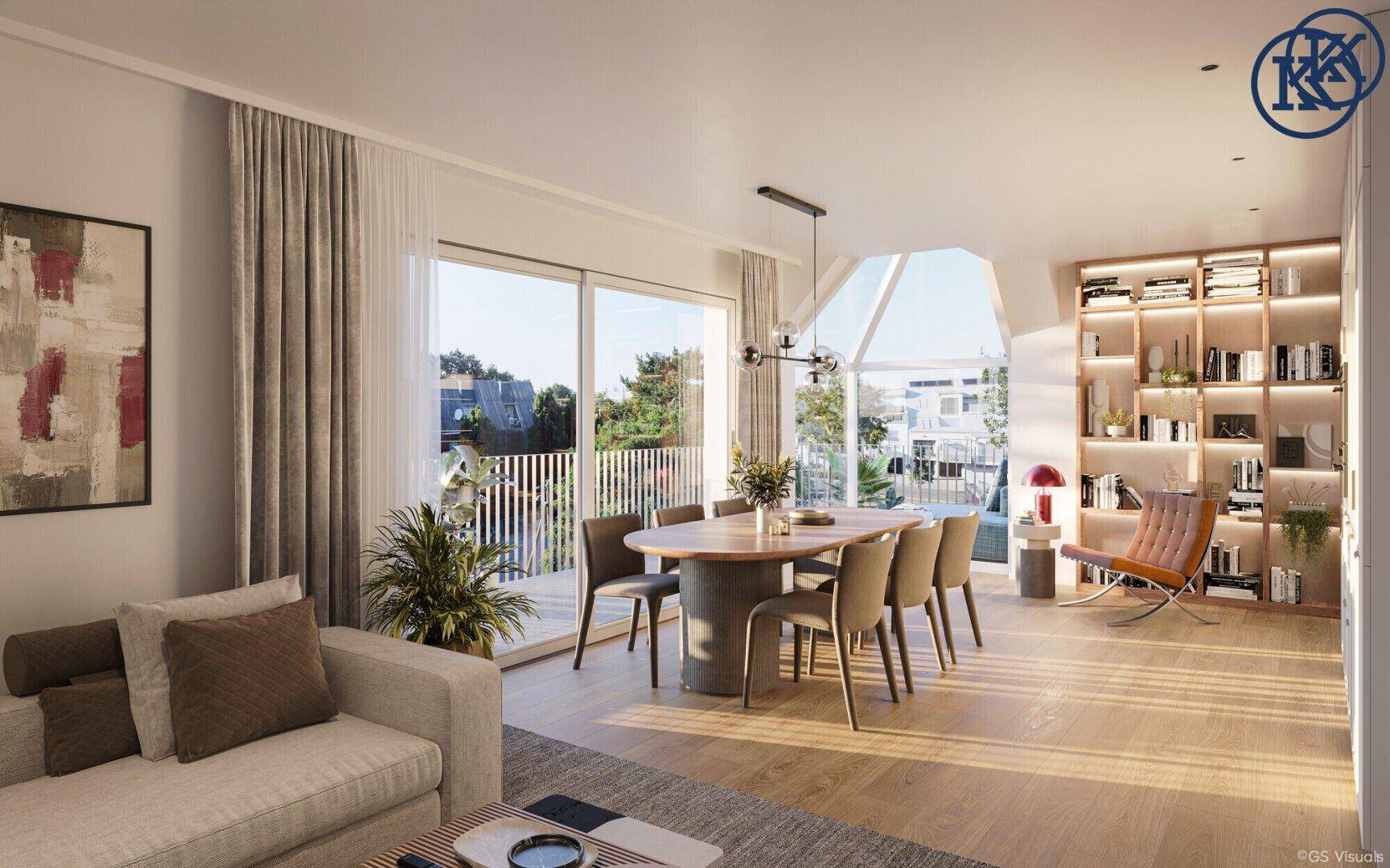 Heller Wohn-Essbereich mit Holzboden, großzügigen Fenstern und Zugang zu einem Balkon.