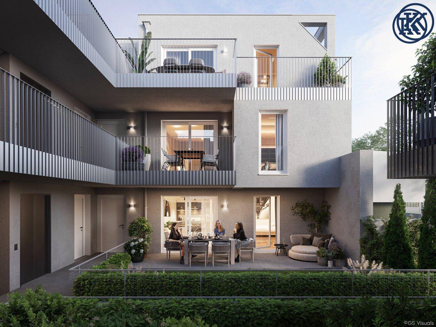 Moderne Wohnanlage mit mehreren Terrassen und Balkonen, ideal für entspannte Stunden im Freien.