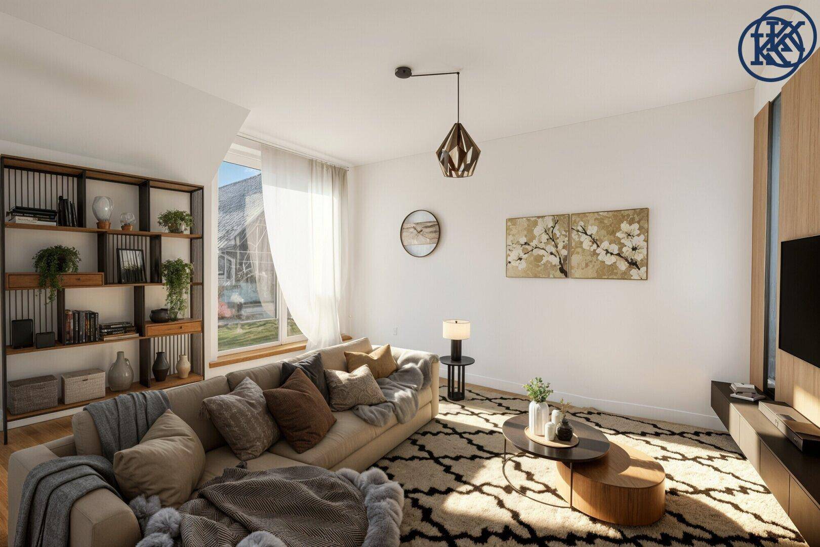 Helles Wohnzimmer mit modernem Sofa, stilvollem Teppich und großem Fenster für viel Tageslicht.