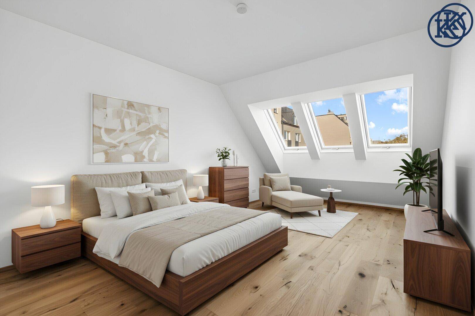 Helles Schlafzimmer mit Holzboden, Dachschrägen und mehreren Dachfenstern, modern eingerichtet.