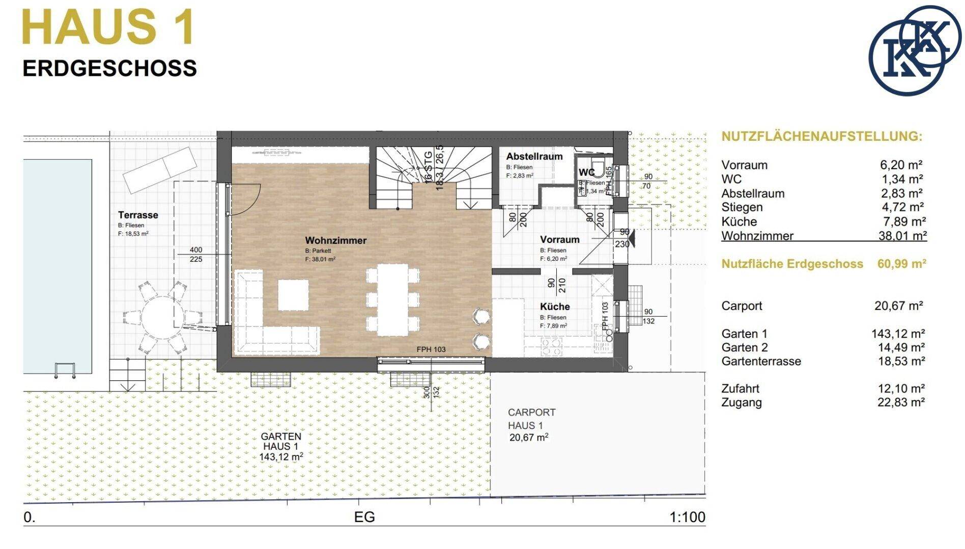 Grundriss des Erdgeschosses mit offenem Wohnbereich, Küche, WC und Zugang zur Terrasse.
