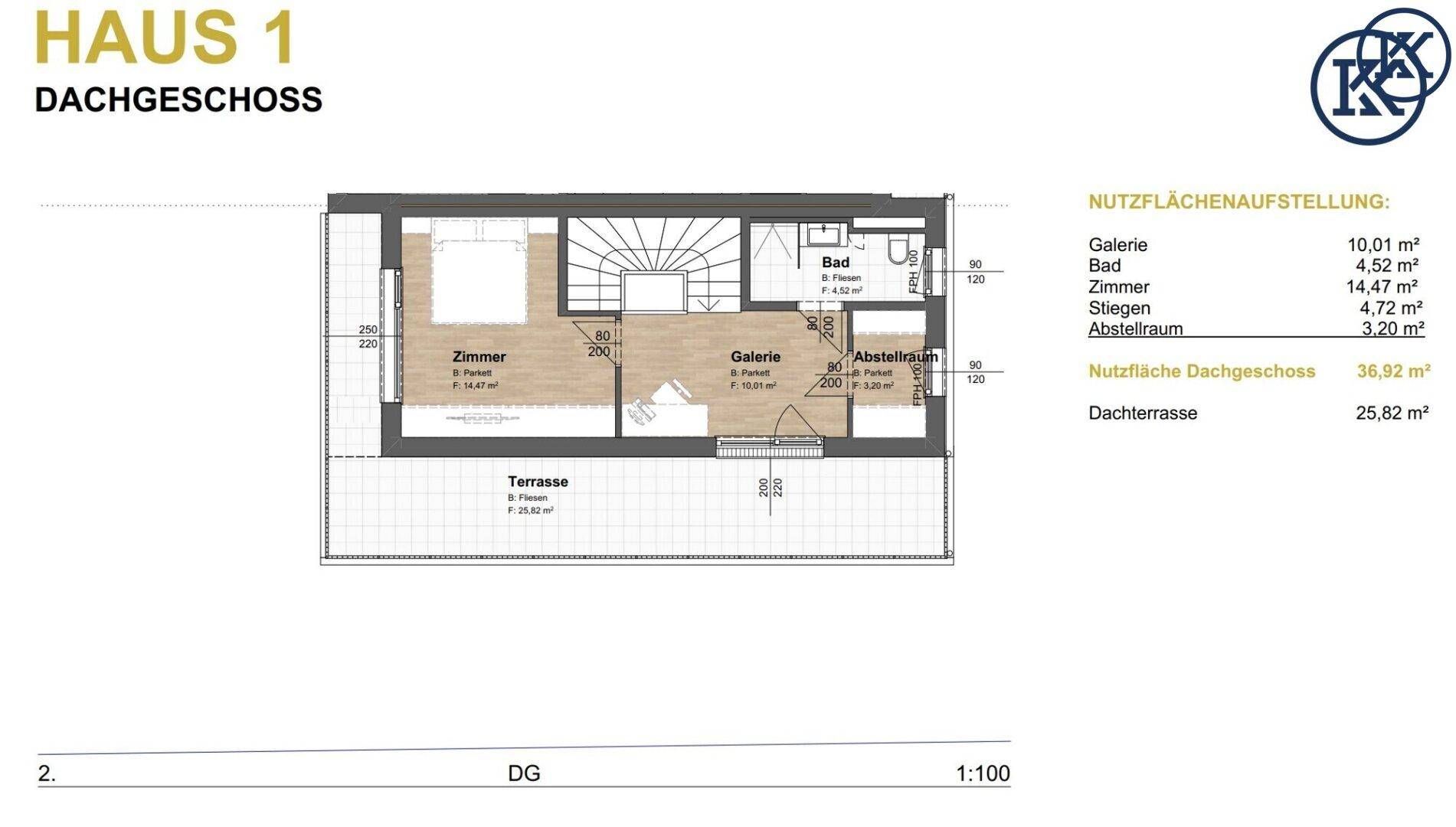 Grundriss des Dachgeschosses mit Schlafzimmer, Bad und großer Dachterrasse.