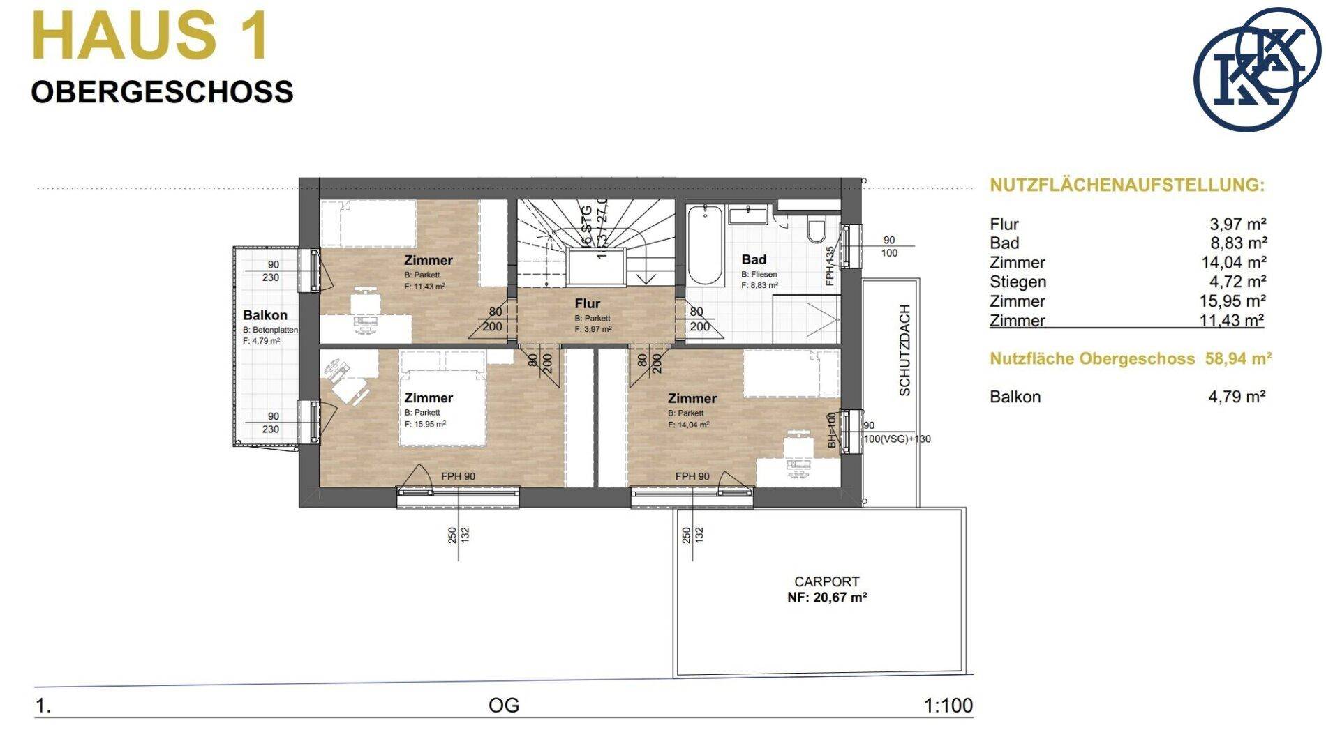 Grundriss des Obergeschosses mit drei Schlafzimmern, Badezimmer und Balkonzugang.