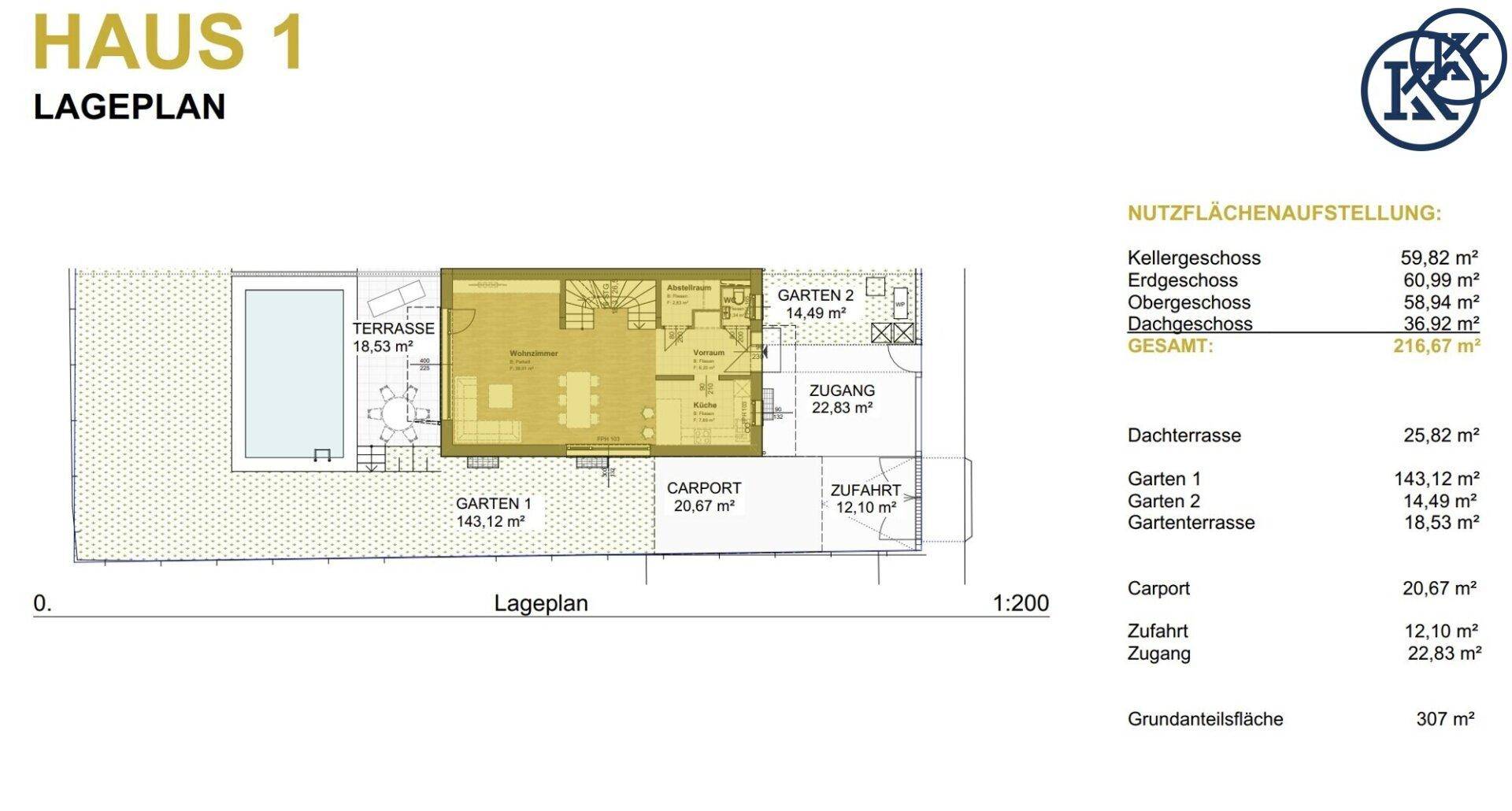 Lageplan des Hauses 1 mit Grundstück, Pool, Terrasse und Carport.